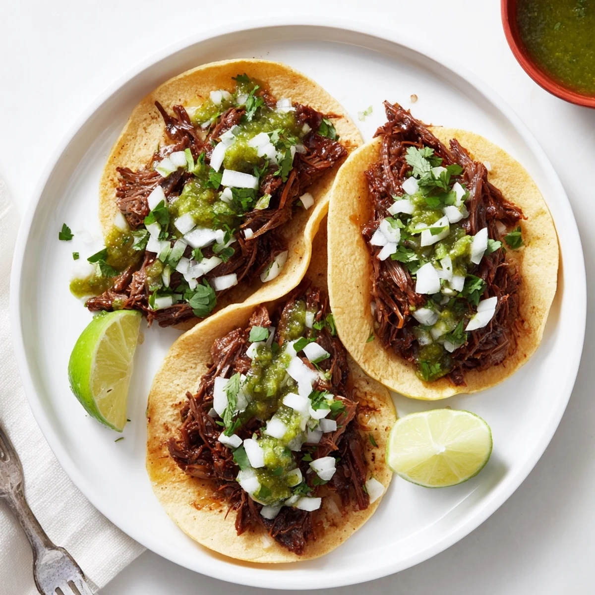 Close-up of juicy shredded beef cheek tacos with zesty salsa verde and lime wedges on a rustic plate.