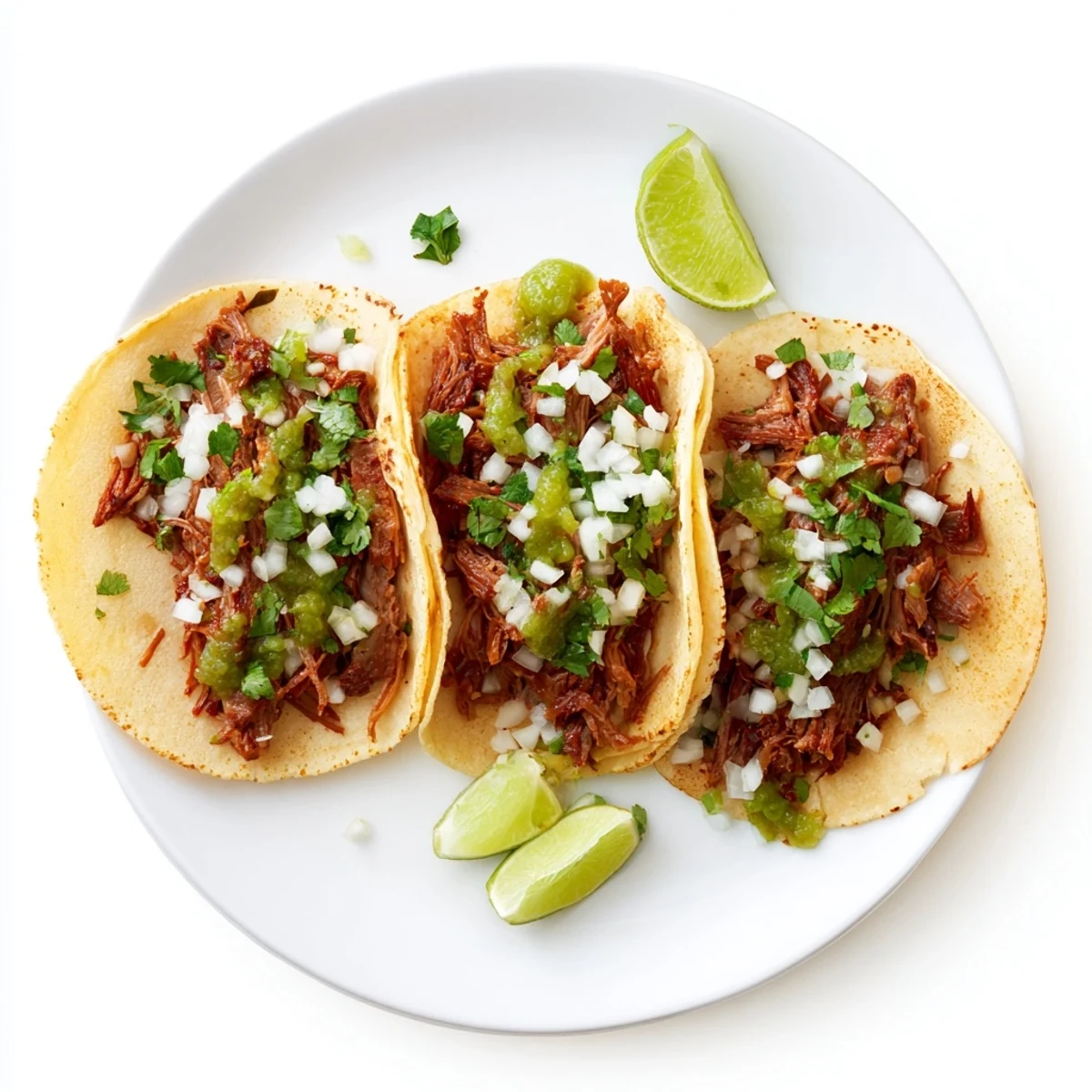Beef cheek tacos filled with smoky shredded beef, fresh garnishes, and salsa on a wooden serving board.