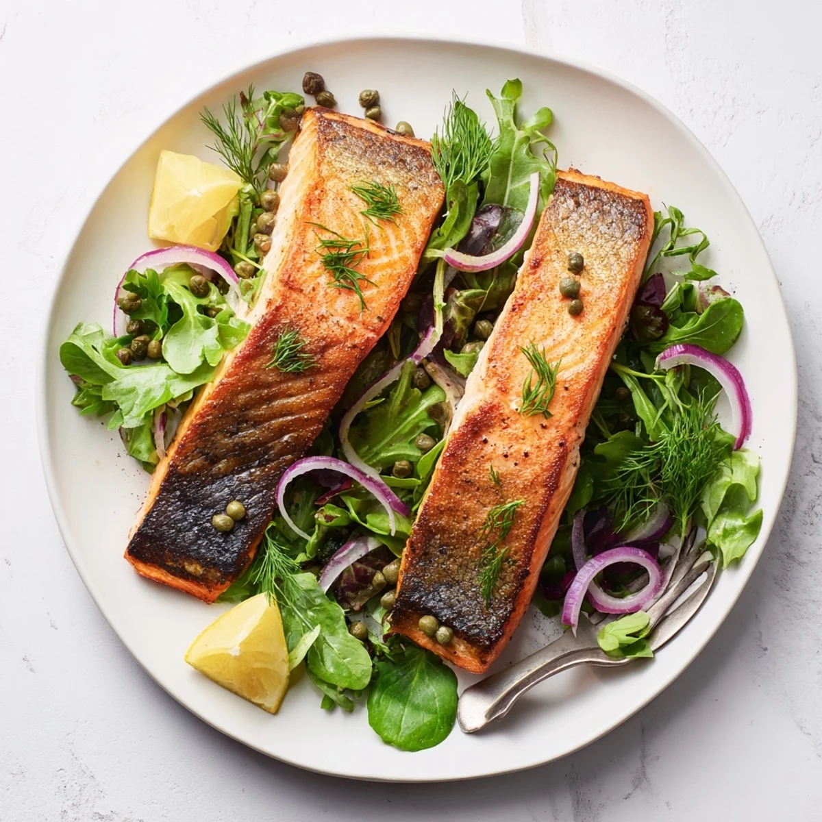 A plate of Crispy Skin Tasmanian Atlantic Salmon with crispy edges, garnished with dill and capers.