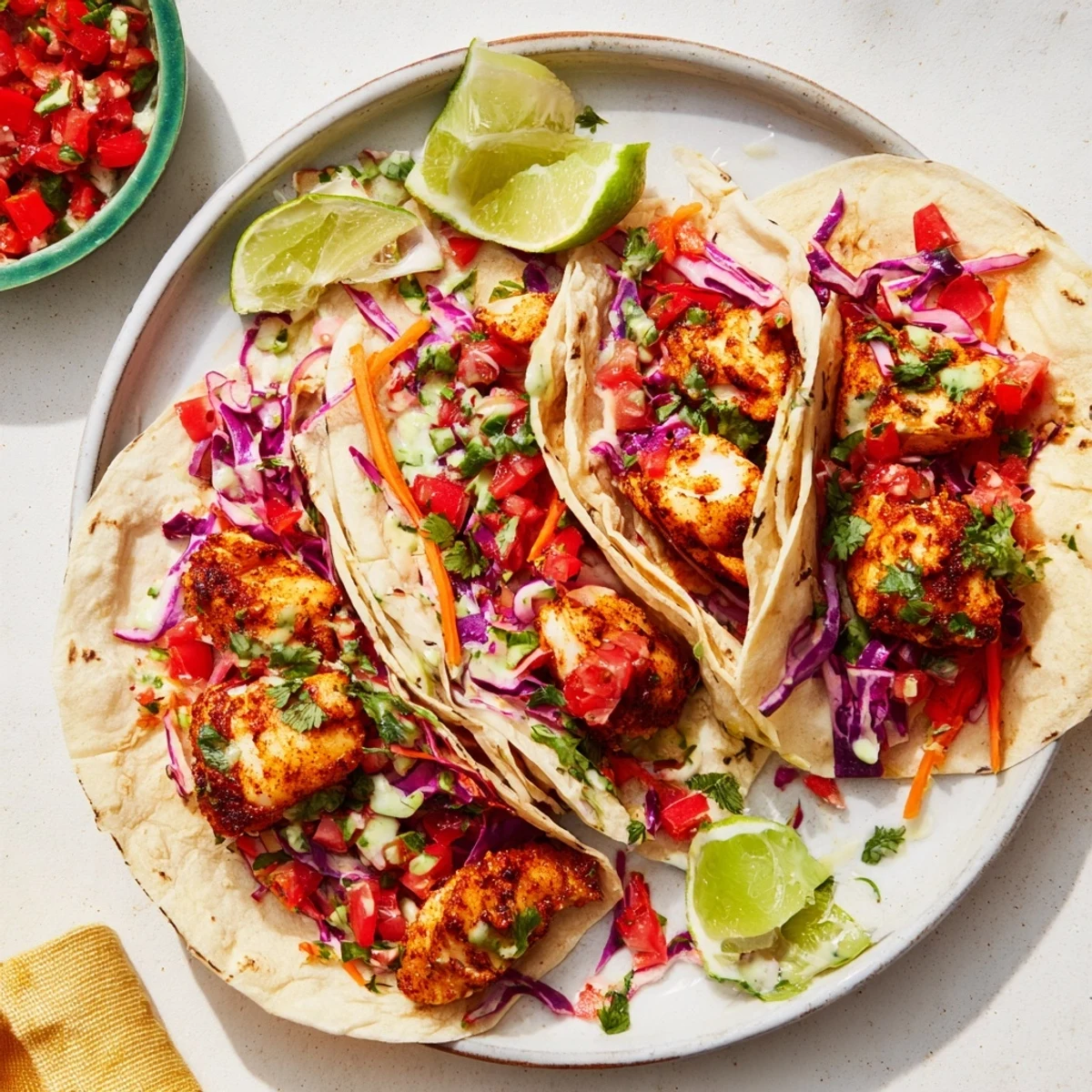 Flaky grilled barramundi tacos topped with rainbow slaw and fresh salsa on corn tortillas.