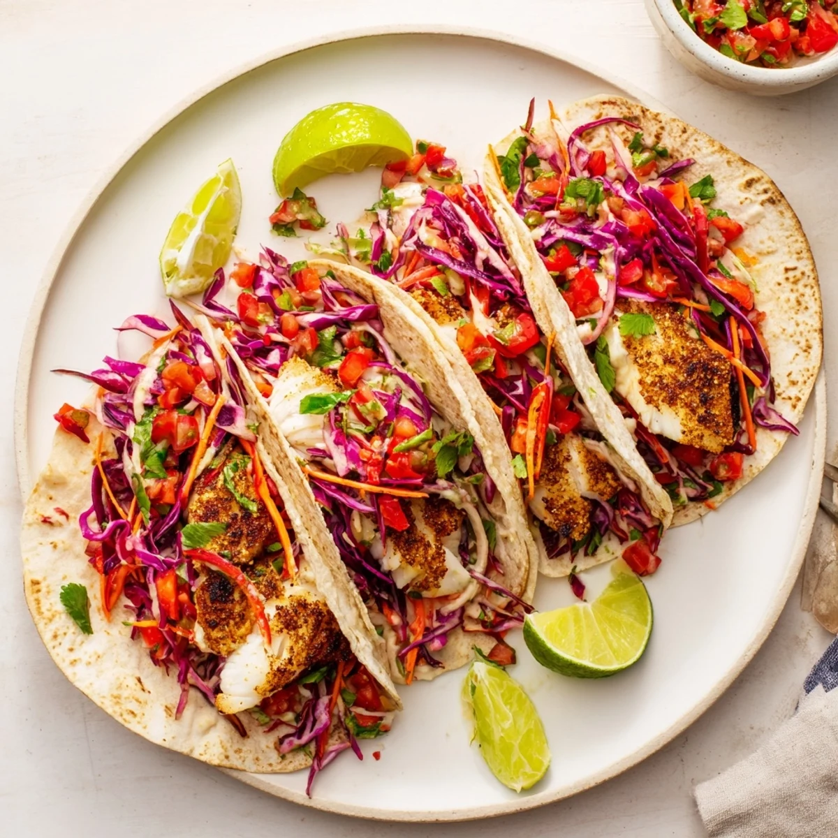 Golden barramundi fillets nestled in warm soft tortillas alongside crunchy rainbow slaw and zesty salsa.