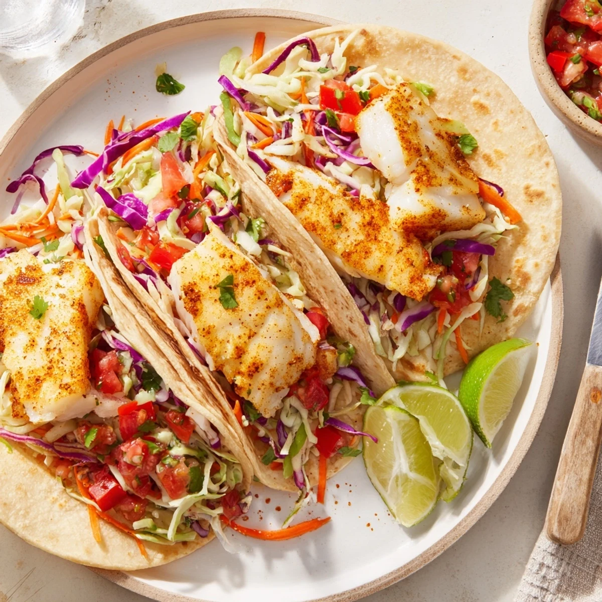 Fresh Barramundi Tacos with colorful cabbage slaw and chunky tomato salsa ready to serve.