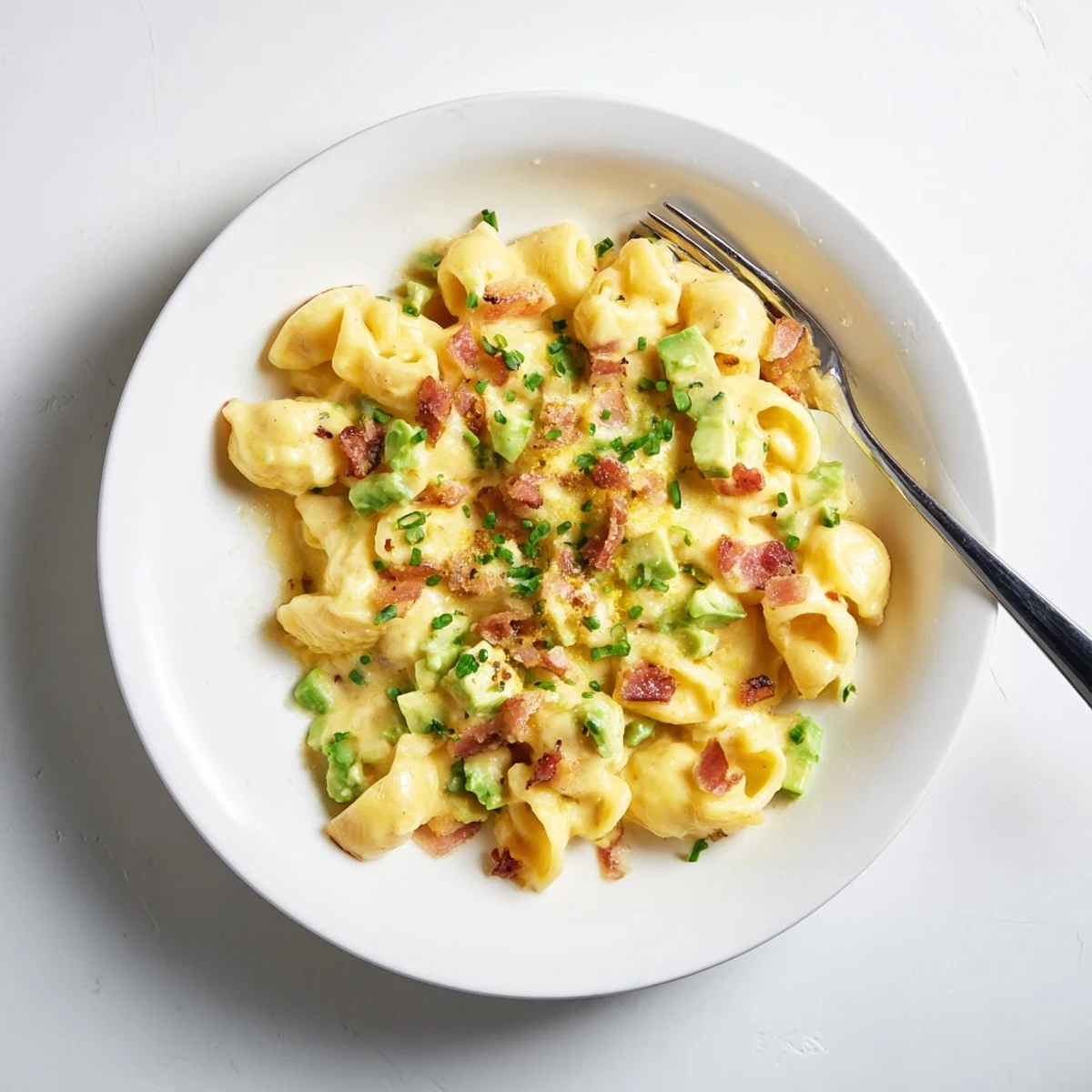 Creamy avocado and bacon mac and cheese served in a rustic bowl, garnished with fresh chives.