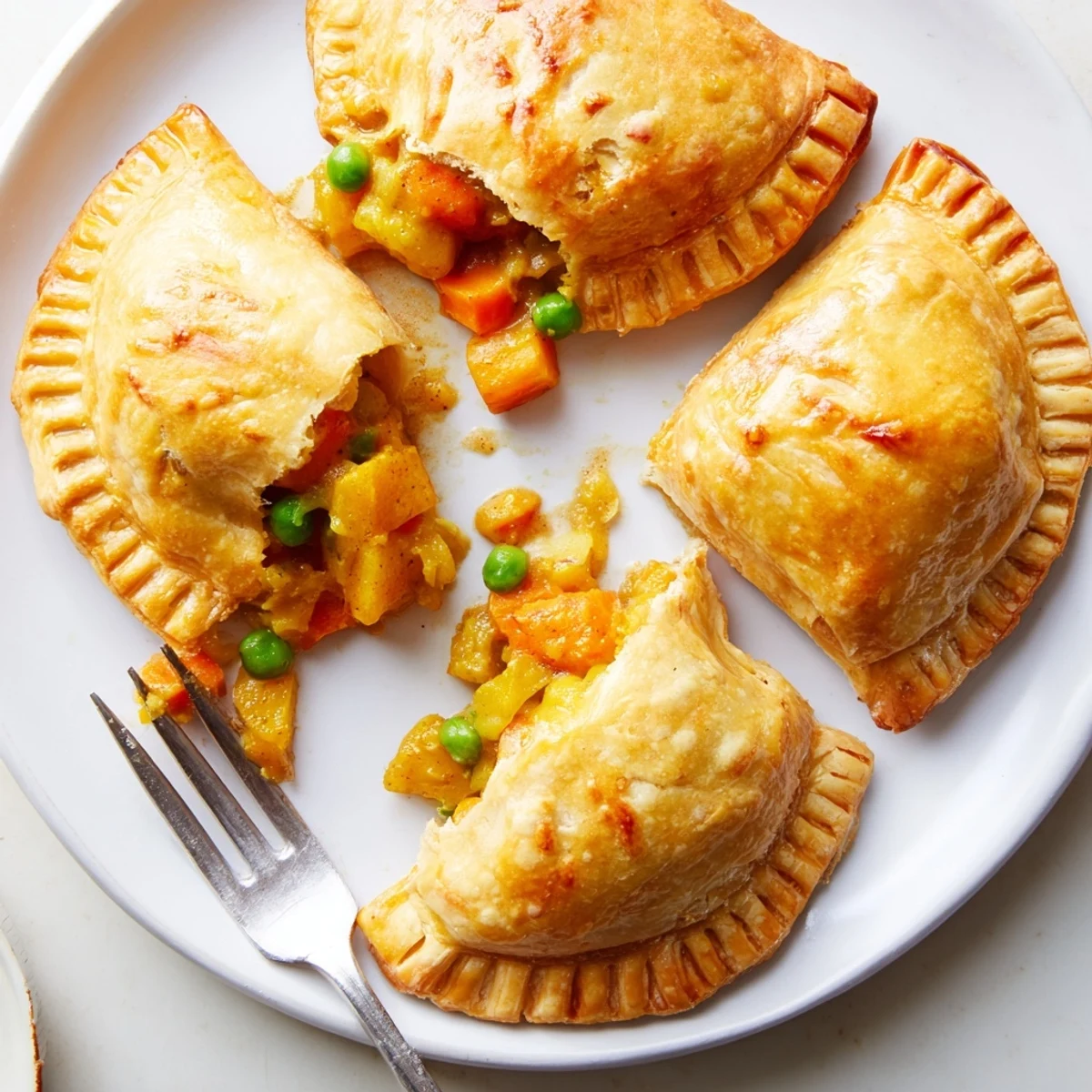 Close-up of a hand-held Tikka Masala Vegetarian Pie, its golden crust revealing aromatic Indian-inspired vegetable filling.