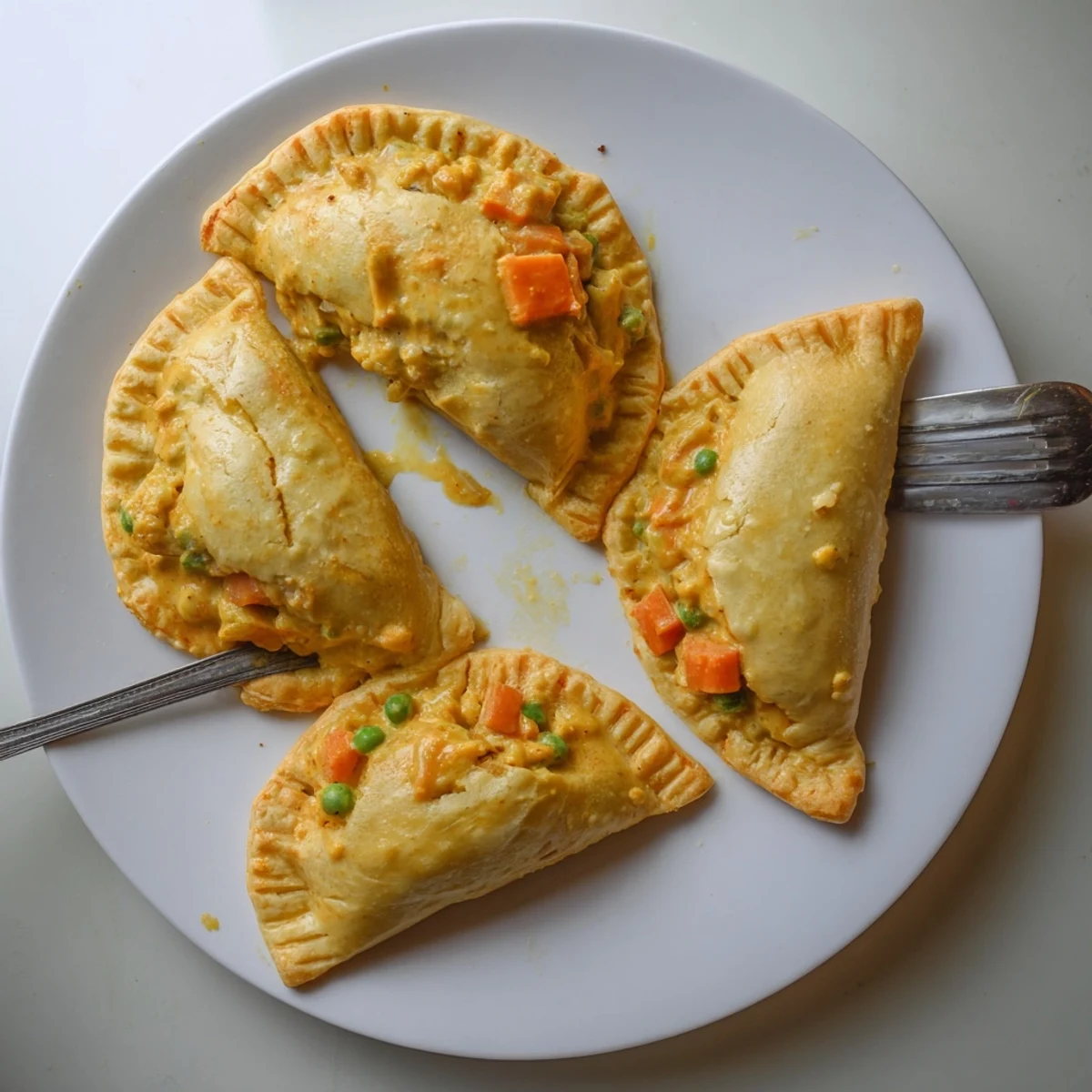Golden-baked Tikka Masala Vegetarian Pies with flaky pastry showing a creamy orange filling on a rustic table.