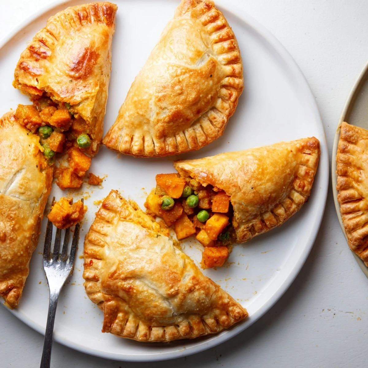Freshly served Tikka Masala Vegetarian Pies on a plate with a side of cooling yogurt dip.