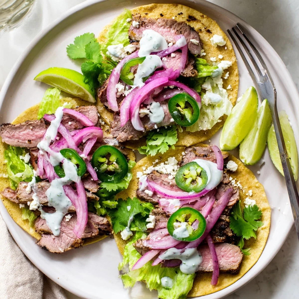 A close-up of Cumin Crusted Leg of Lamb with Tacos, sliced lamb on warm corn tortillas with fresh cilantro and lime wedges.