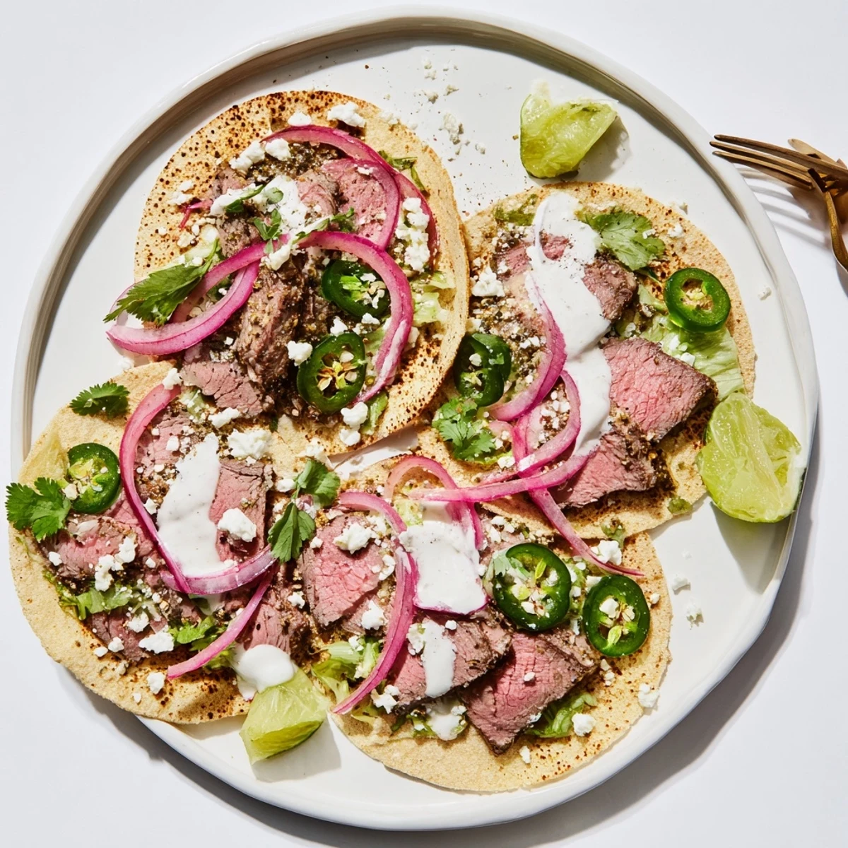 Thick slices of Cumin Crusted Leg of Lamb with Tacos arranged on a plate, featuring red onion, crumbled feta, and creamy yogurt sauce.