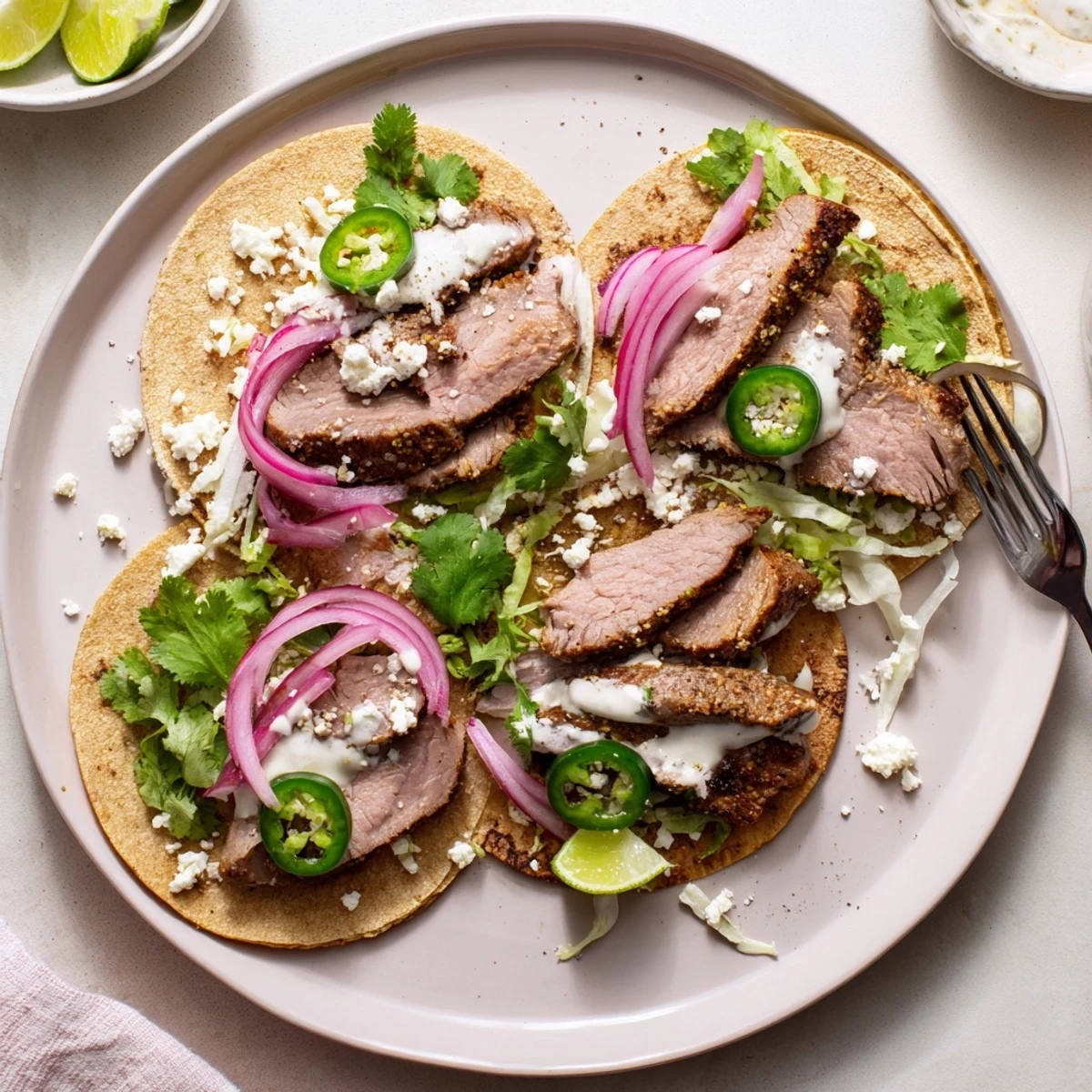 Golden roasted Cumin Crusted Leg of Lamb with Tacos topped with shredded lettuce and jalapeños, served on a rustic wooden table.