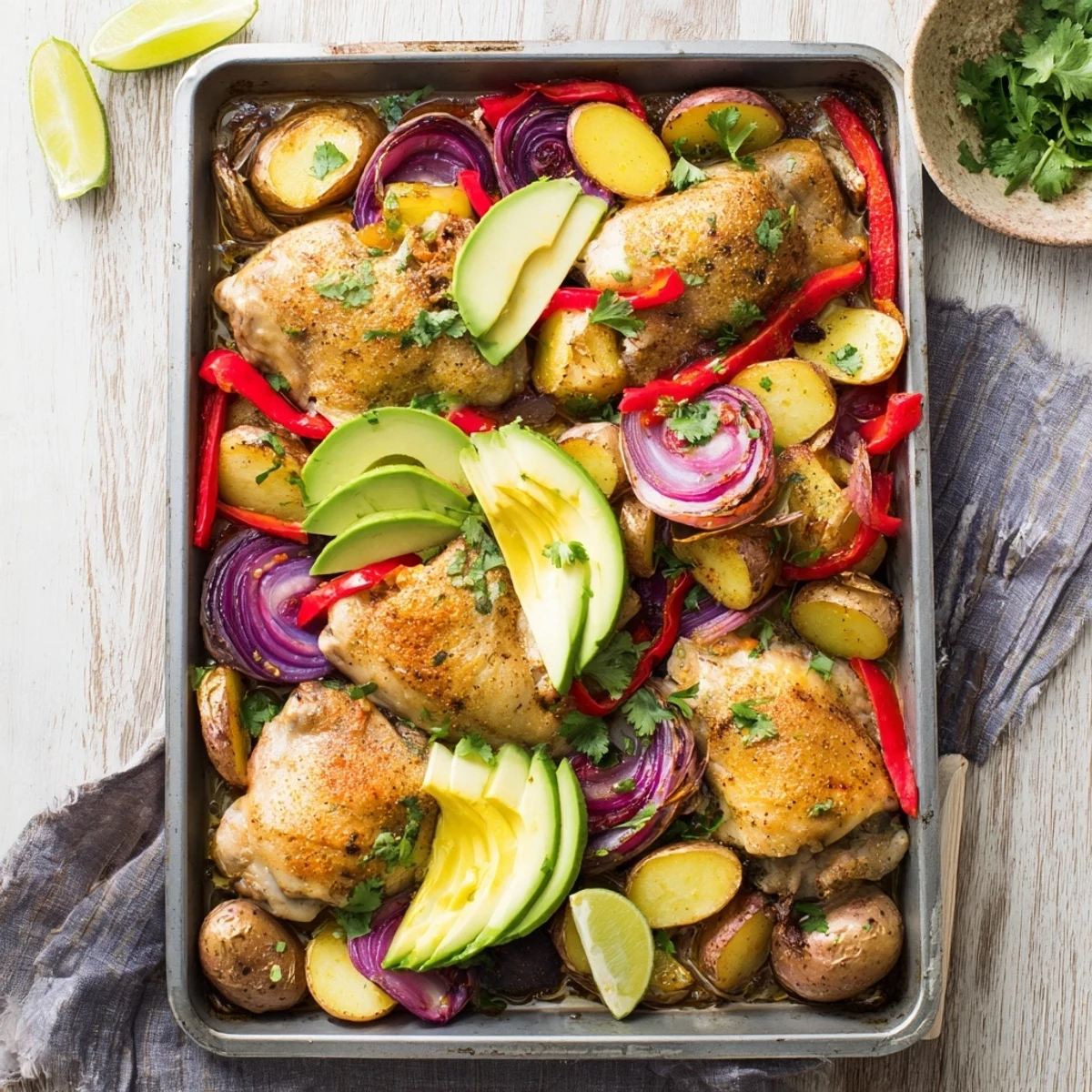 Golden roasted baby potatoes and juicy chicken thighs arranged on a tray with creamy avocado slices for a vibrant Chicken Avocado and Crunchy Potato Tray Bake.