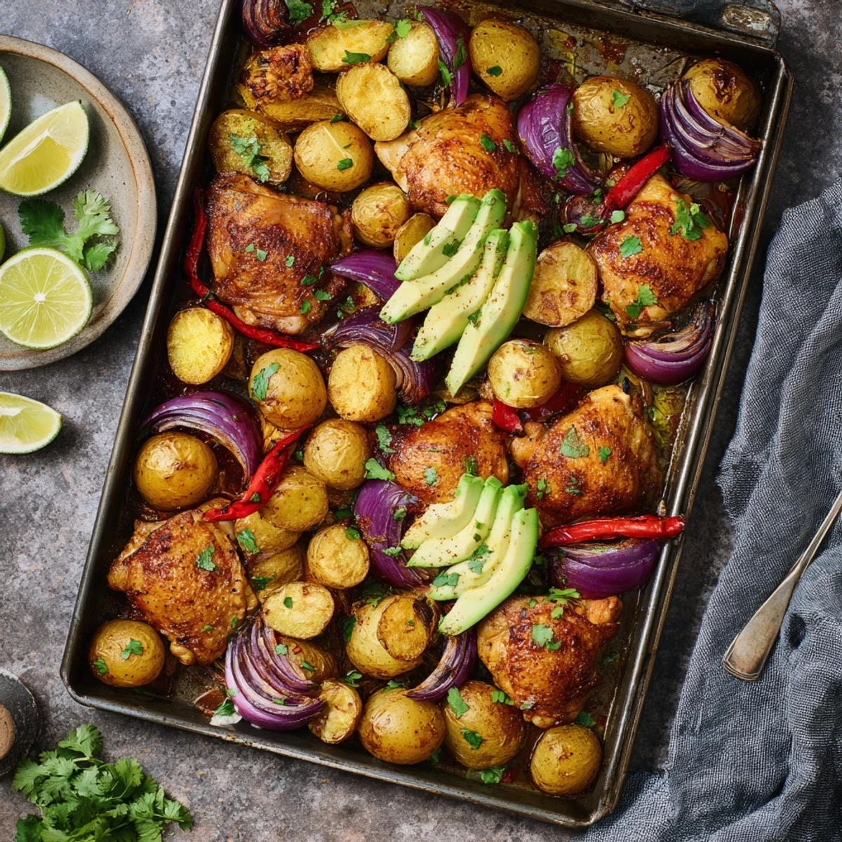 Family-style Chicken Avocado and Crunchy Potato Tray Bake with crispy red onion and bell pepper, ready to be enjoyed as a wholesome gluten-free main dish.