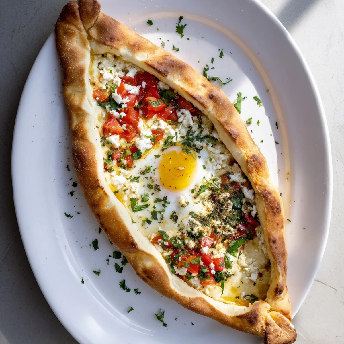 Freshly baked Turkish Pide with egg, tomato, and cheese rests on a rustic wooden board.