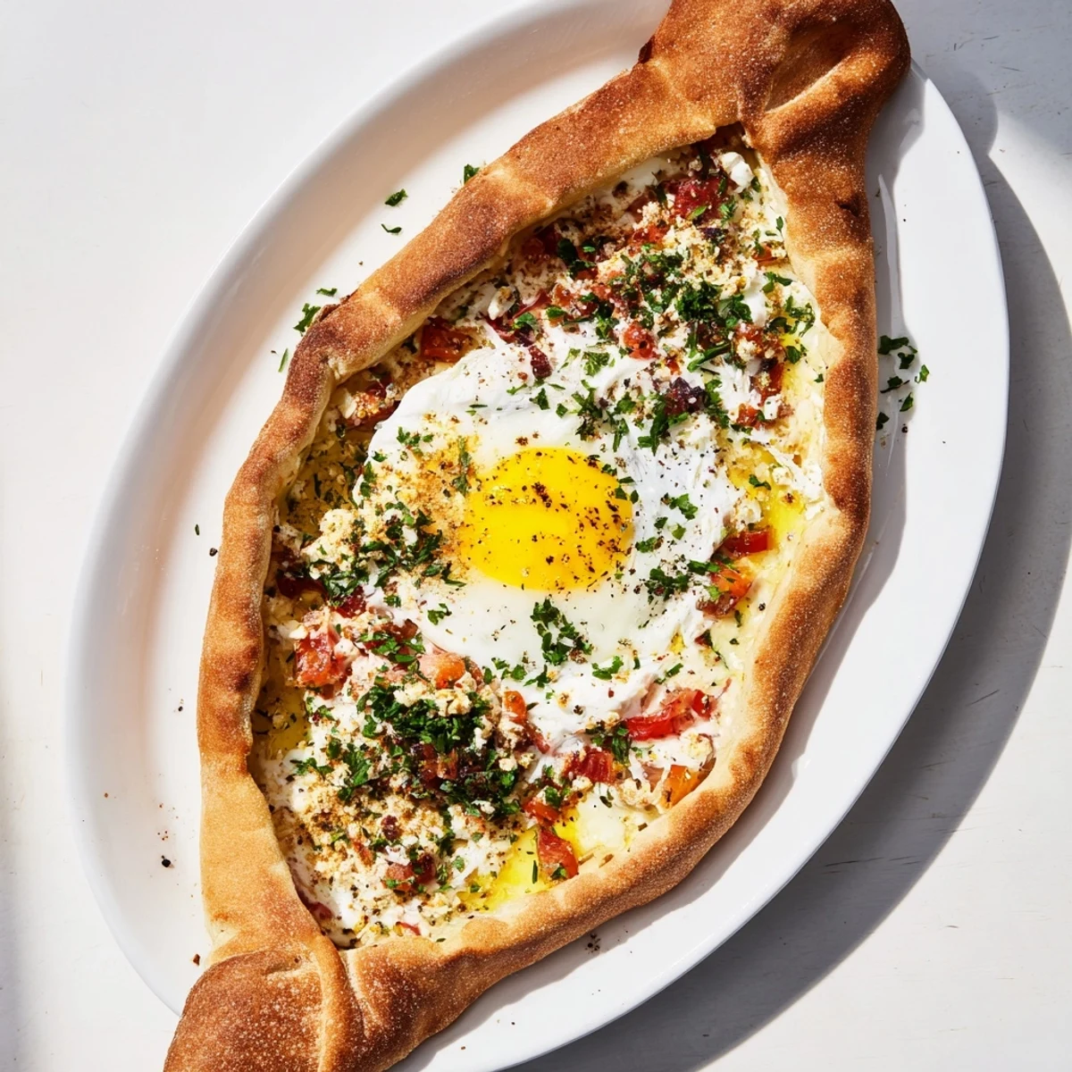 Golden Turkish Pide with egg, tomato, and cheese is cut open to reveal melted cheese.