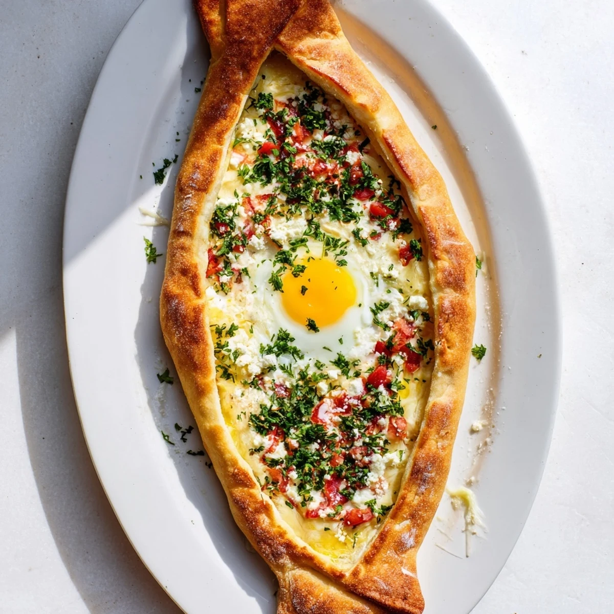 A serving of warm Turkish Pide with egg, tomato, and cheese is garnished with fresh parsley.
