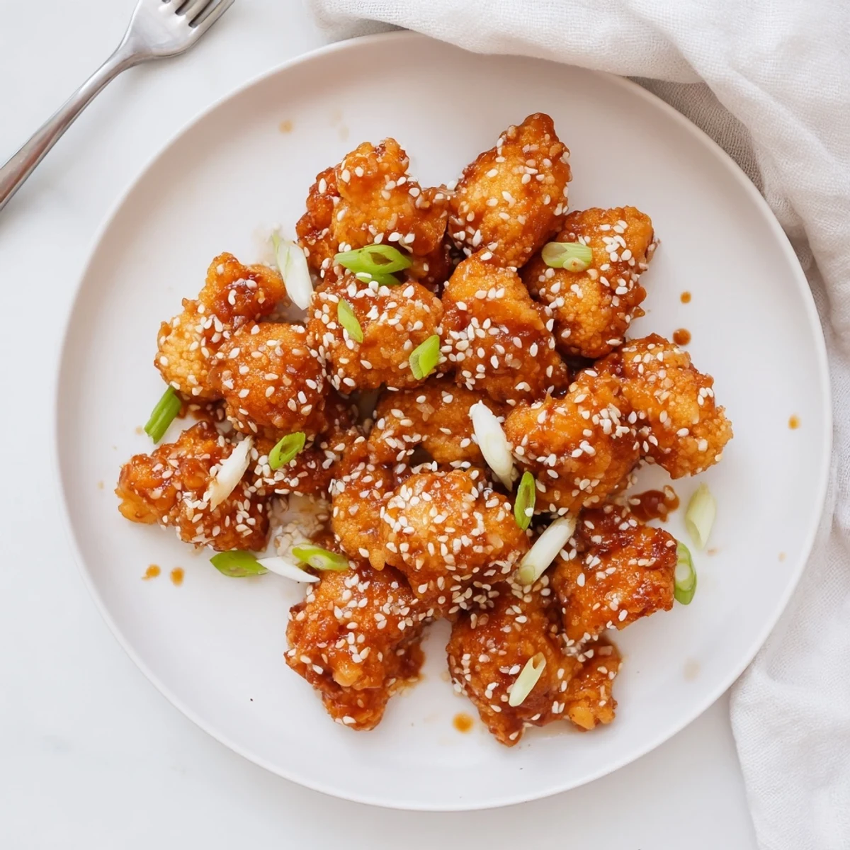 Crispy Sticky Honey Garlic Cauliflower served as an appetizer on a white plate, highlighting the sweet and savory glaze.