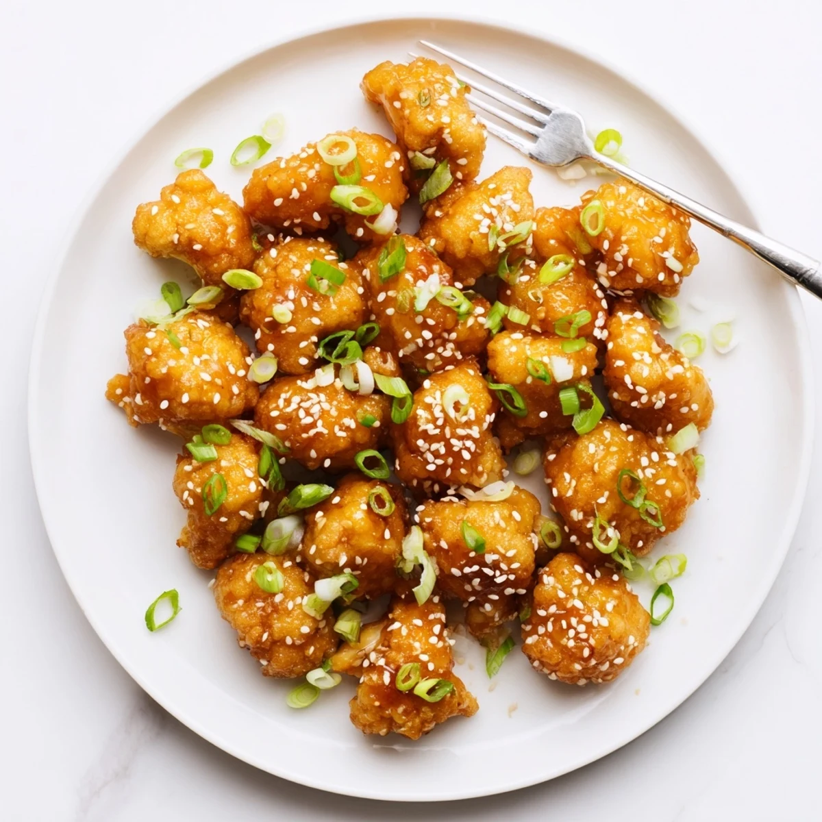 A close-up of oven-baked Sticky Honey Garlic Cauliflower florets, showing the crunchy texture and rich sauce coating.