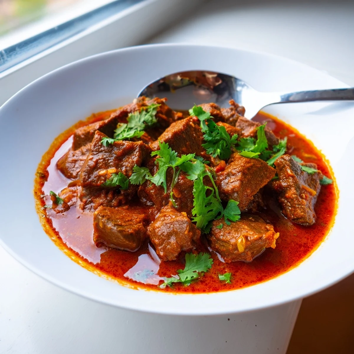 Tender beef cubes simmered in a spiced tomato gravy for Indian Beef Curry with Tomato Gravy, served over basmati rice.