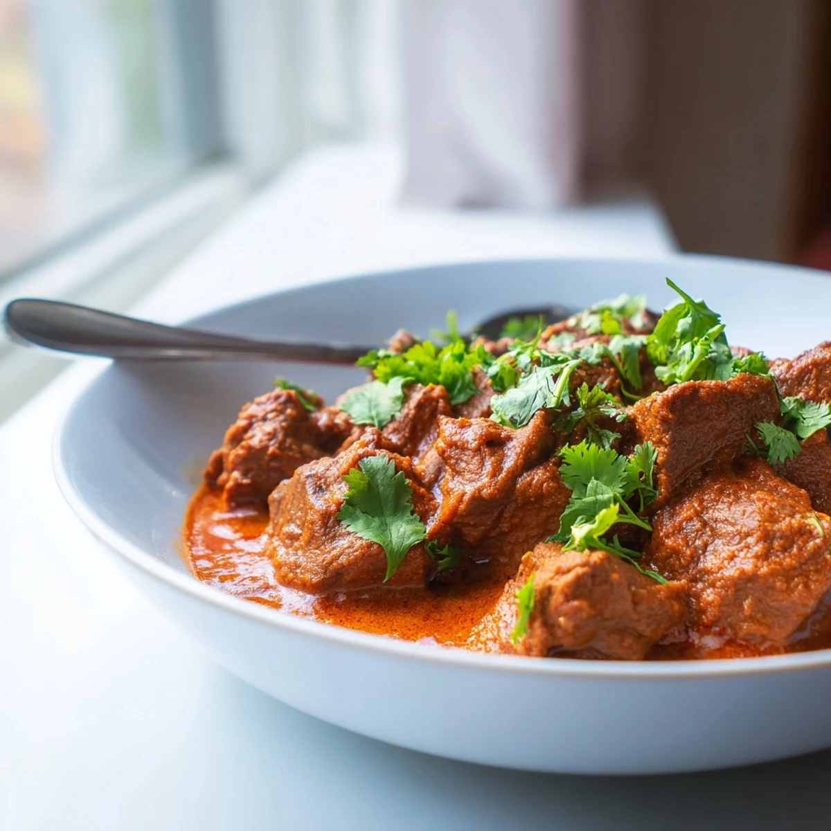 Sizzling aromatics and warming spices fill the pot while this Indian Beef Curry with Tomato Gravy simmers to a rich, glossy finish.