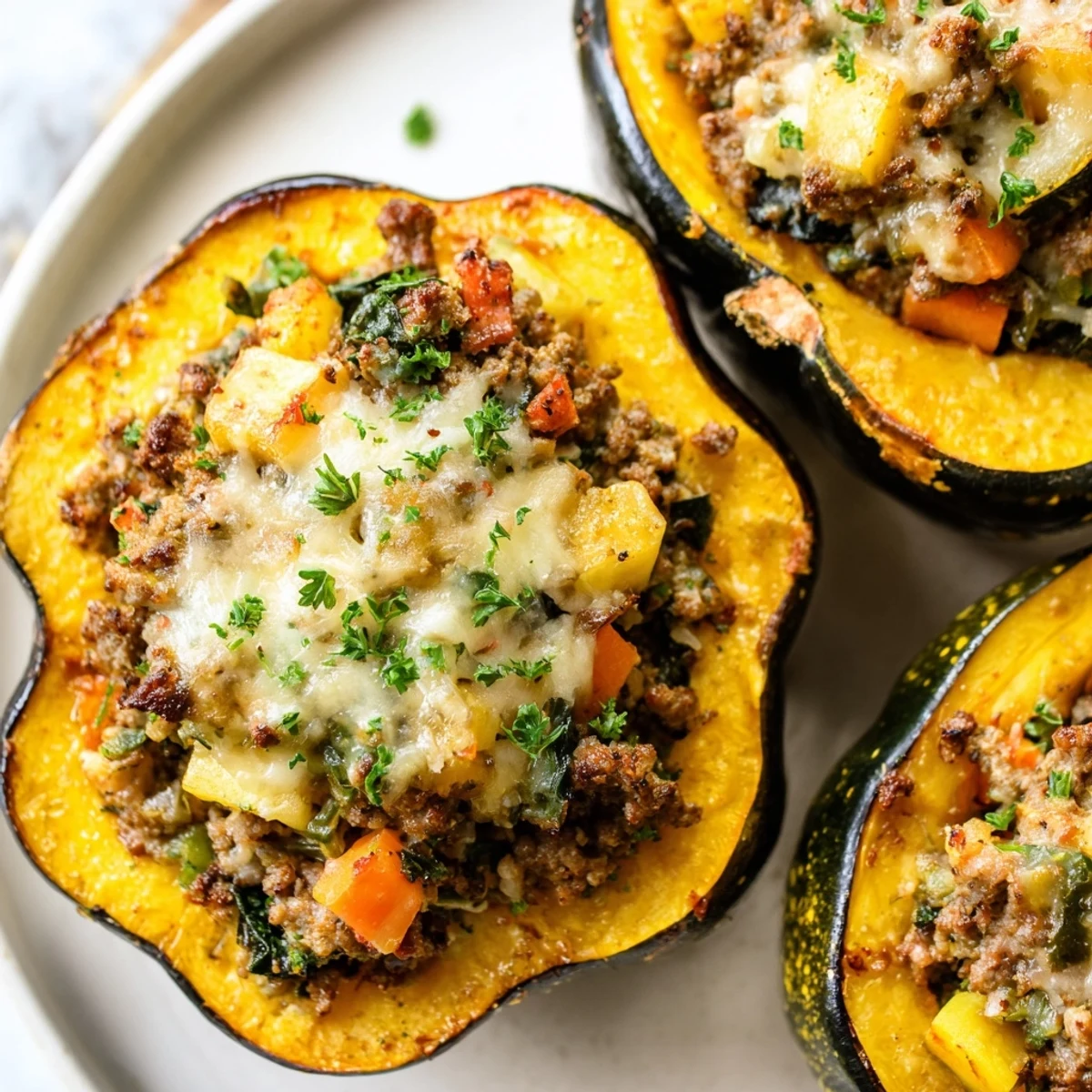 Tender stuffed acorn squash with caramelized edges, served hot with melted Parmesan on top.