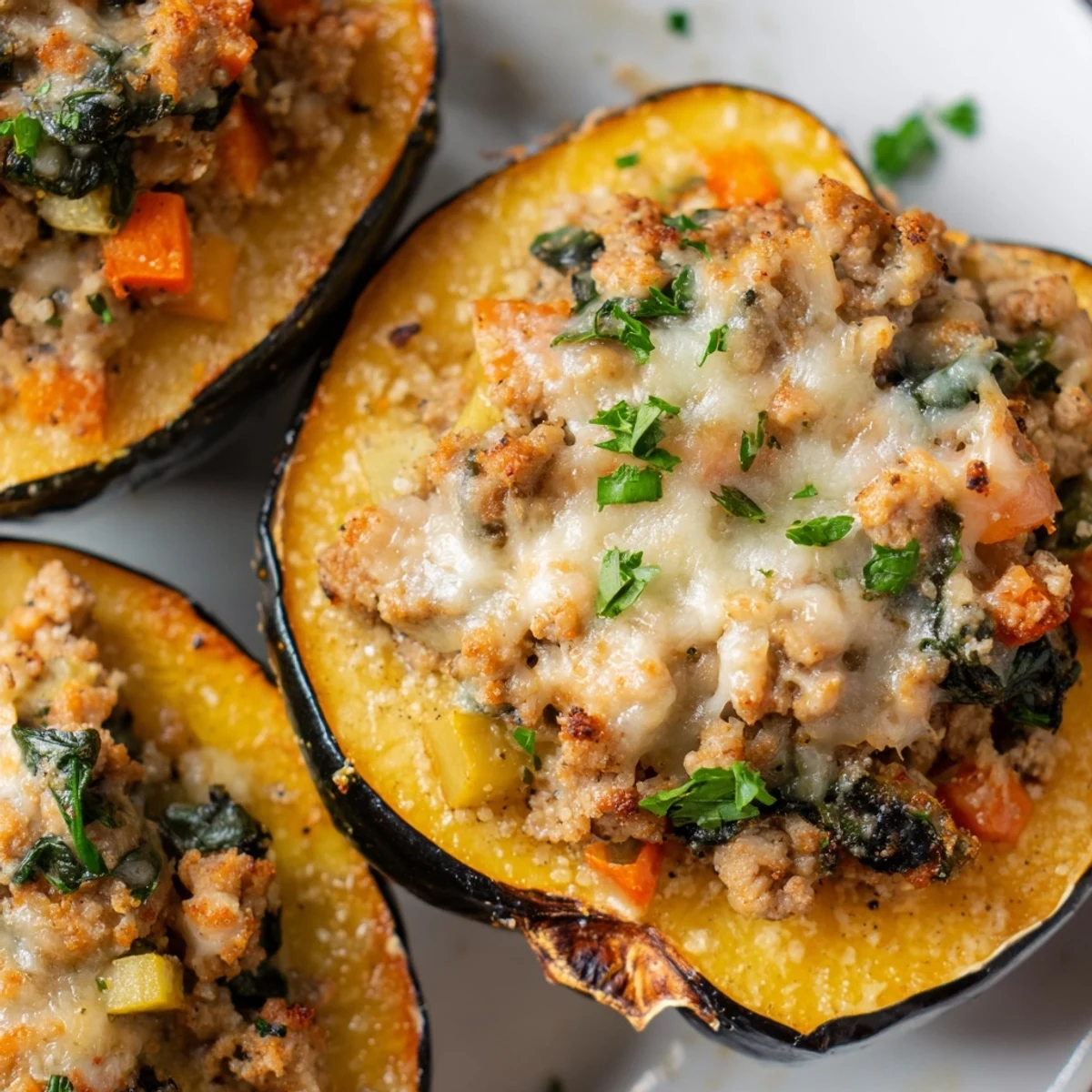 Autumn turkey stuffed acorn squash plated beside fresh herbs, ready for a wholesome dinner.
