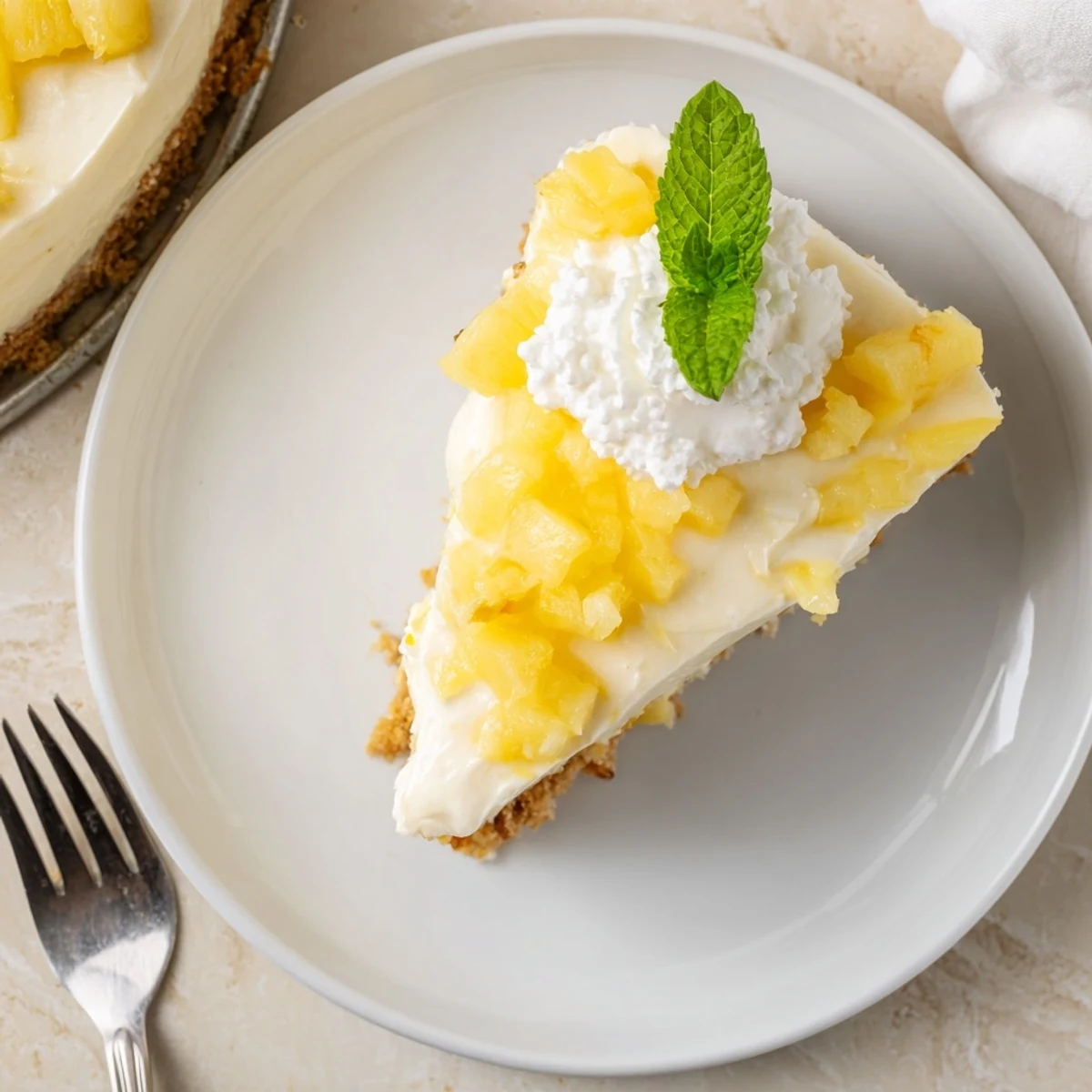 No Bake Pineapple Cheesecake served chilled, creamy tropical dessert ready for a summer gathering.