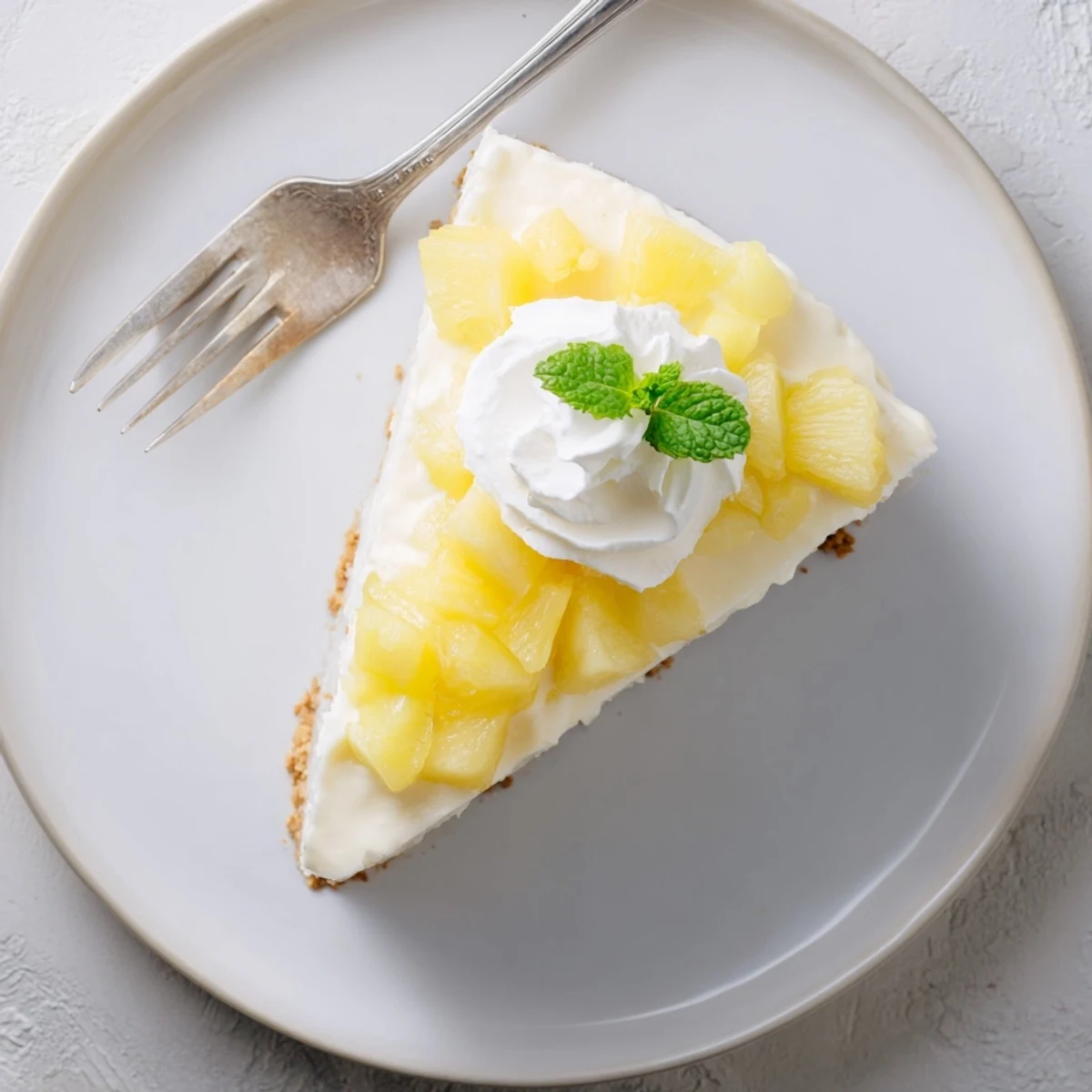 Sliced No Bake Pineapple Cheesecake on a plate, graham cracker base and bright pineapple garnish.