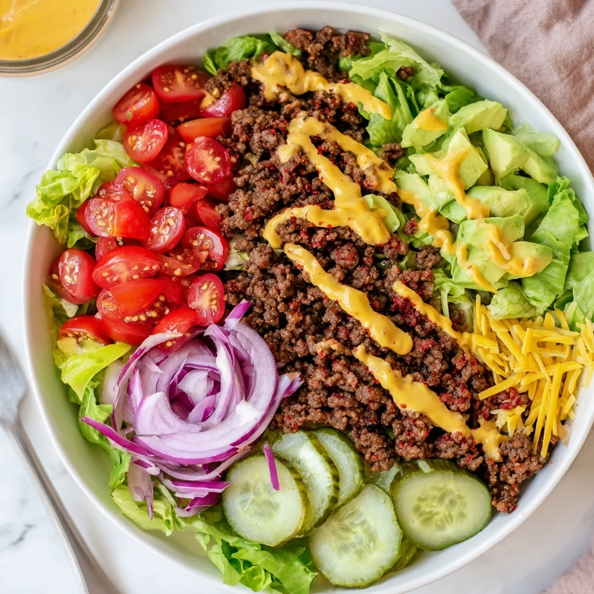 Juicy seasoned ground beef and fresh toppings make these Burger Bowls a vibrant low-carb meal.