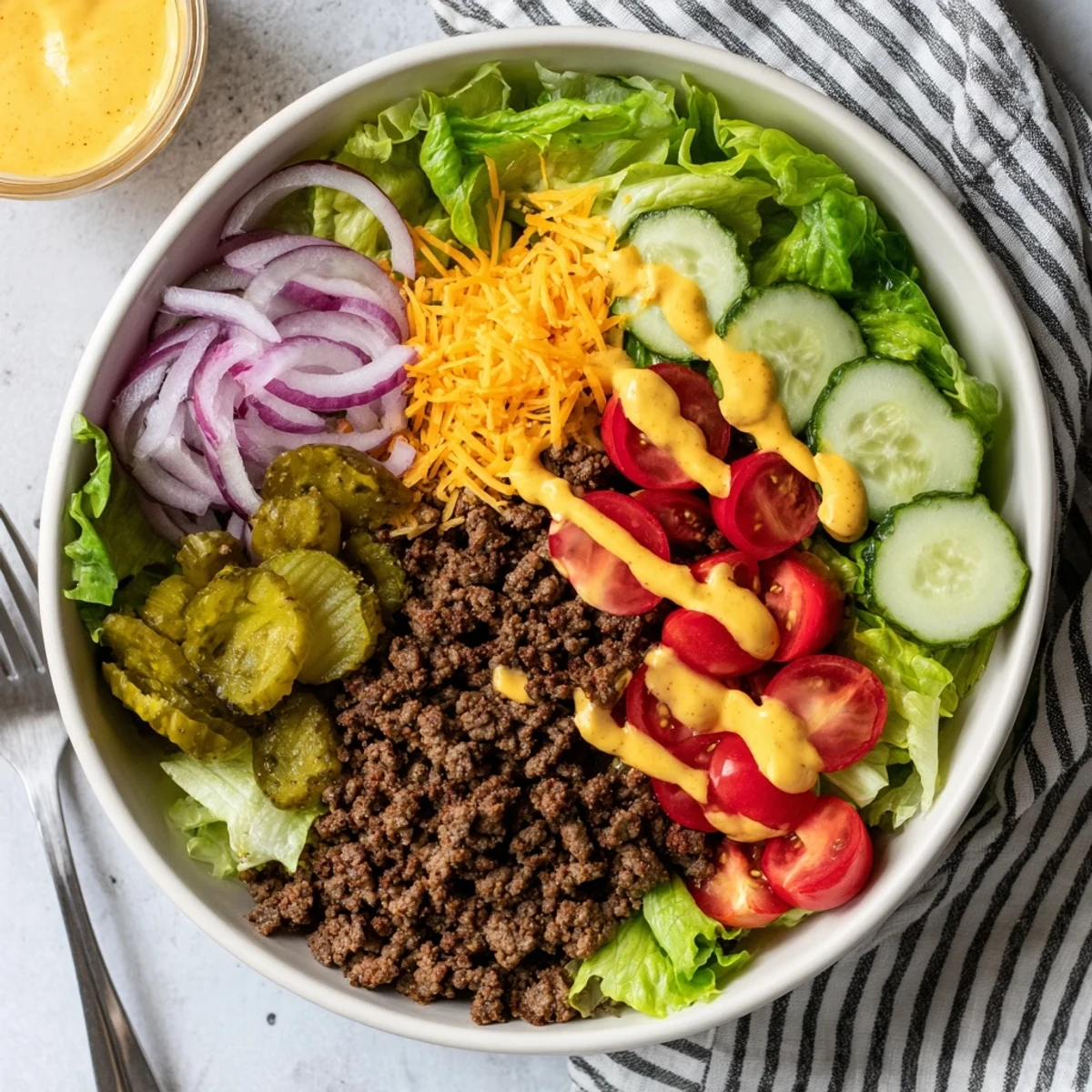 Colorful Burger Bowls feature crisp lettuce, diced avocado, cheddar, and a drizzle of creamy sauce.