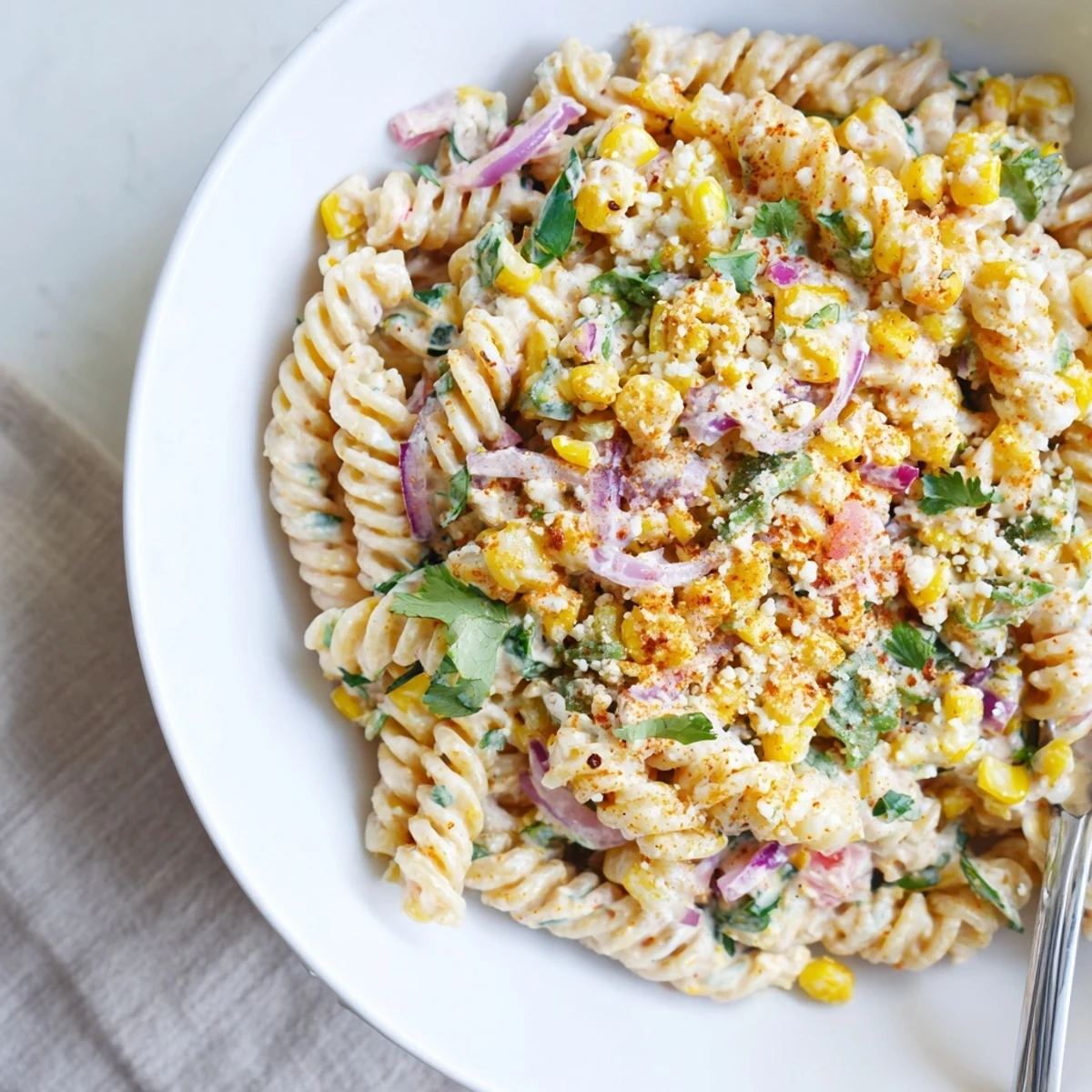 A vibrant Mexican Street Corn Pasta Salad featuring rotini, sweet corn, jalapeño, and a zesty chili-lime dressing.