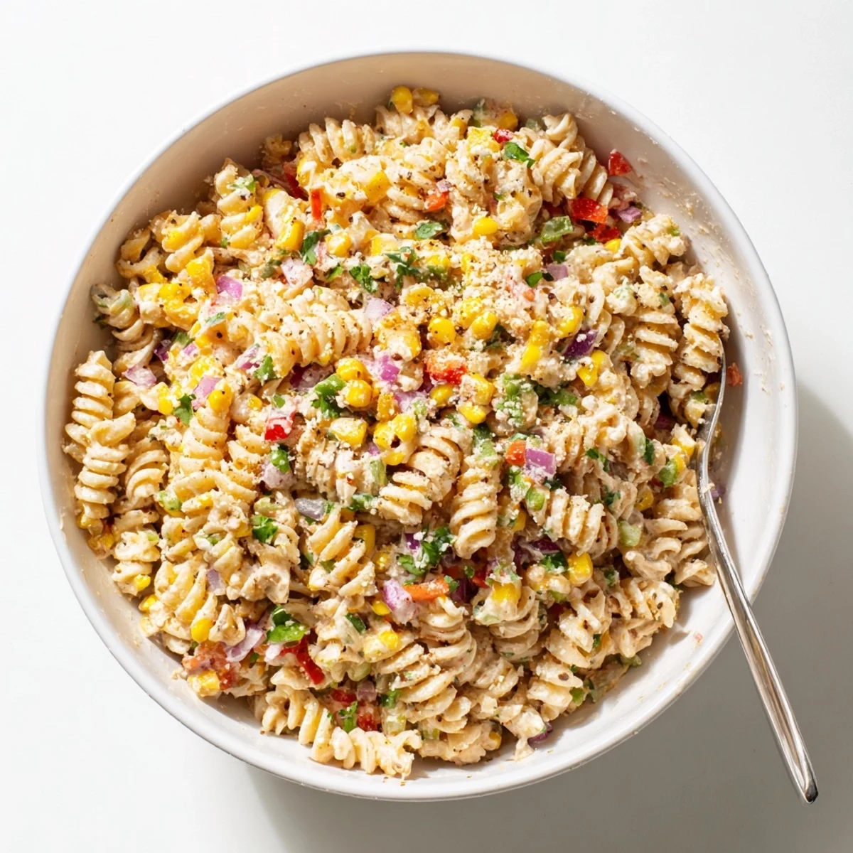 Colorful Mexican Street Corn Pasta Salad topped with crumbled feta, fresh cilantro, and smoky paprika for a summer side.