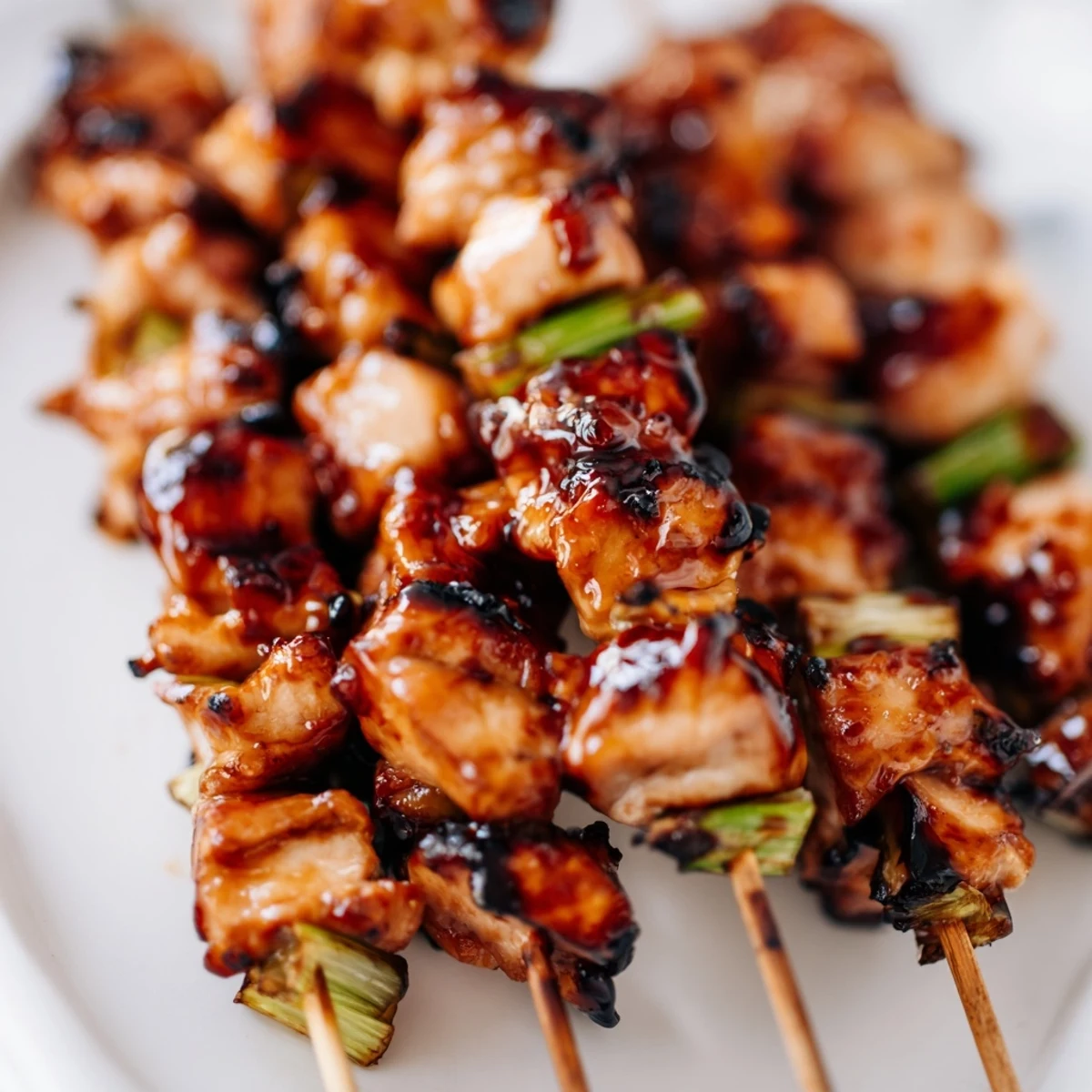 Golden yakitori chicken skewers brushed with glossy tare sauce, served sizzling hot on a wooden platter.