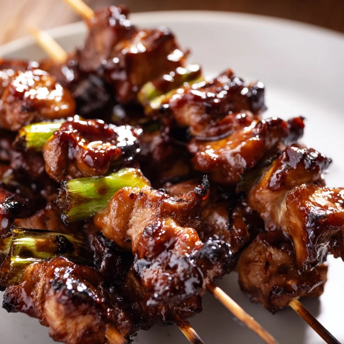Savory Japanese chicken yakitori glazed in tare sauce, garnished with green onions beside dipping bowls.