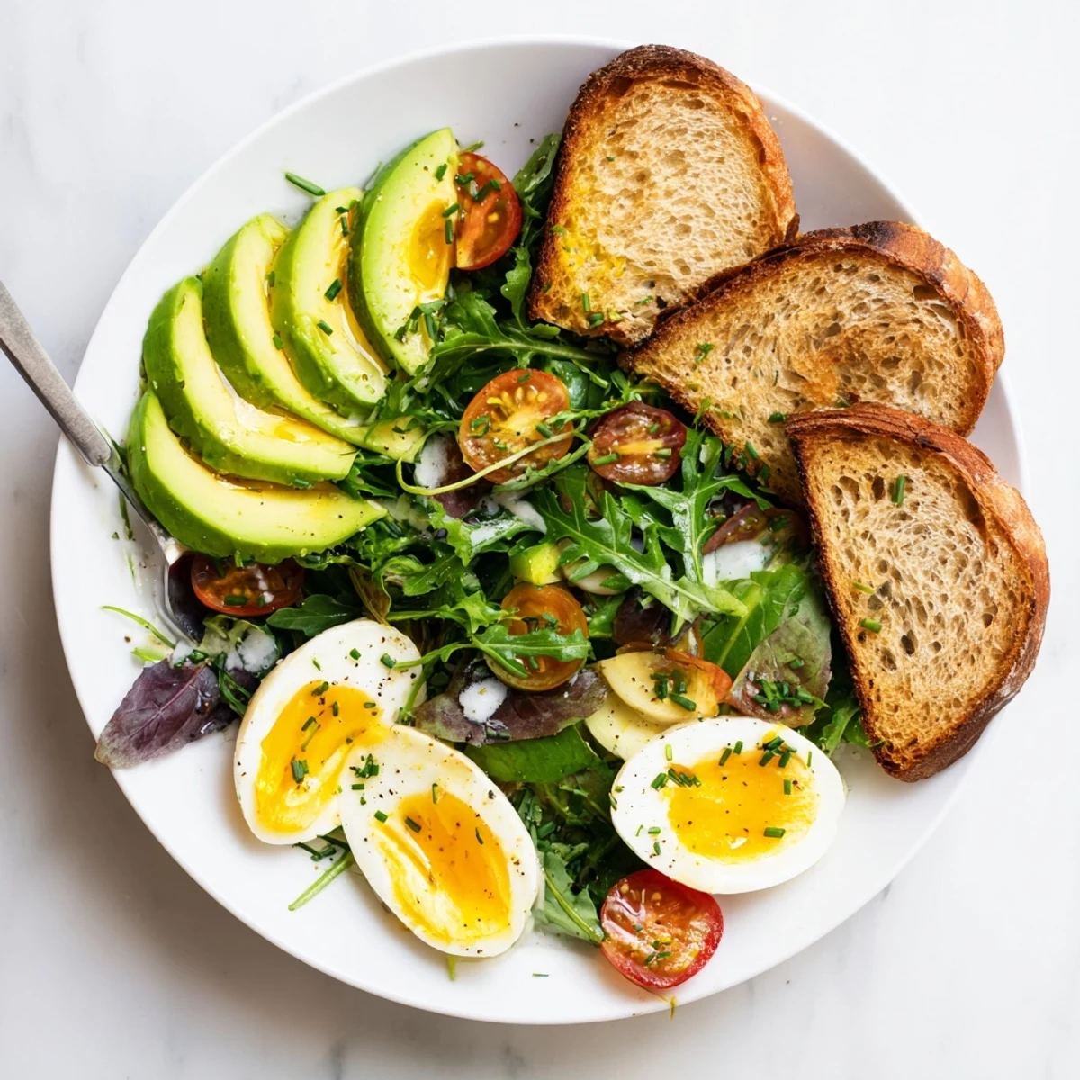 Golden soft-boiled eggs rest on crisp toast and fresh greens for Savory Breakfast Plate with Soft Eggs, Toast & Greens.
