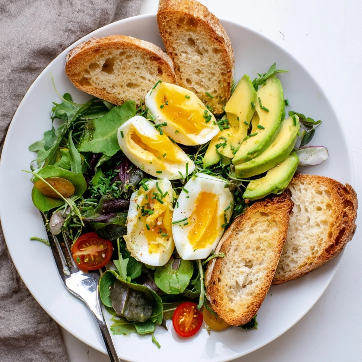 A close-up of Savory Breakfast Plate with Soft Eggs, Toast & Greens shows sliced avocado and cherry tomatoes beside runny yolks.