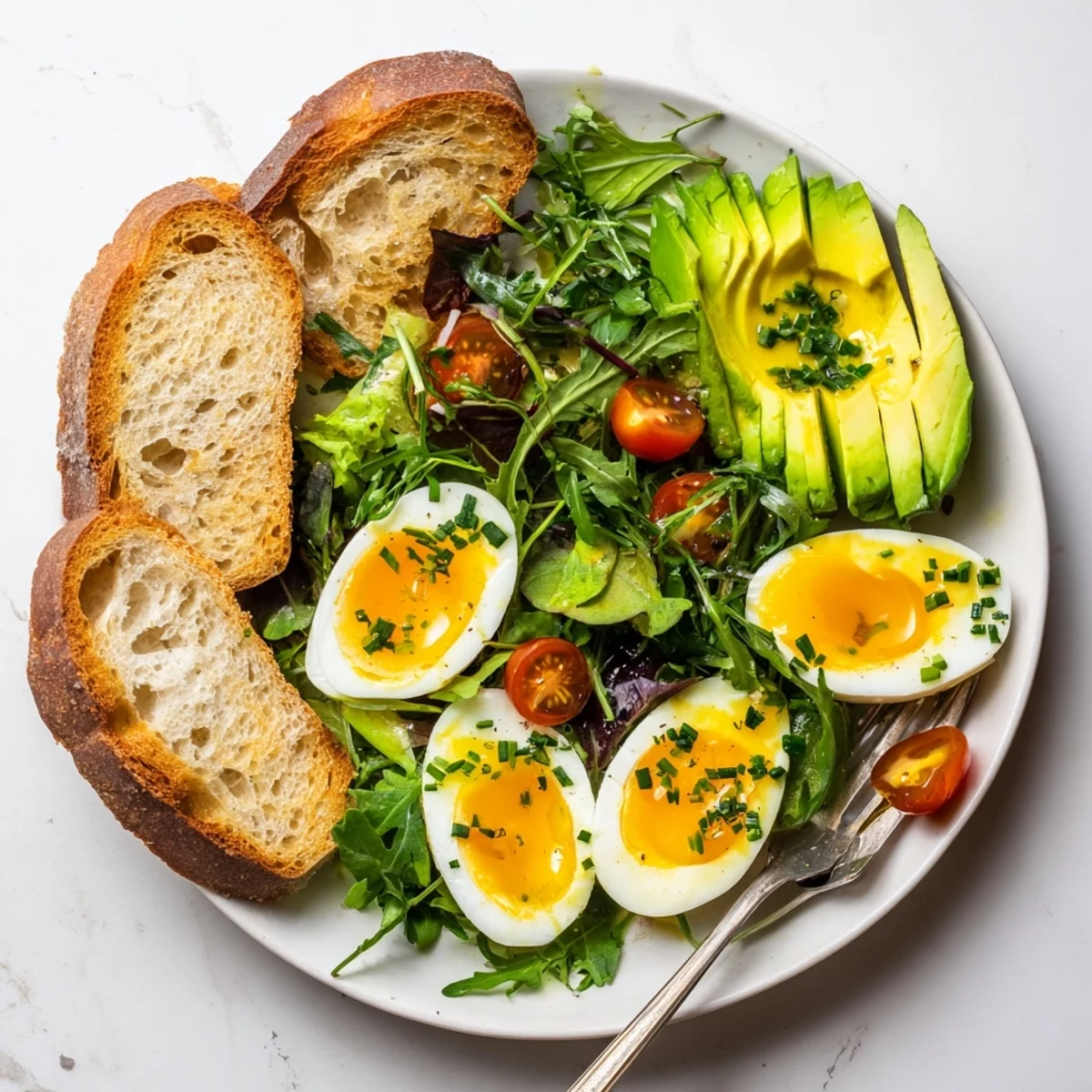 Savory Breakfast Plate with Soft Eggs, Toast & Greens is plated with lemony dressing, flaky salt, and chives on a white dish.