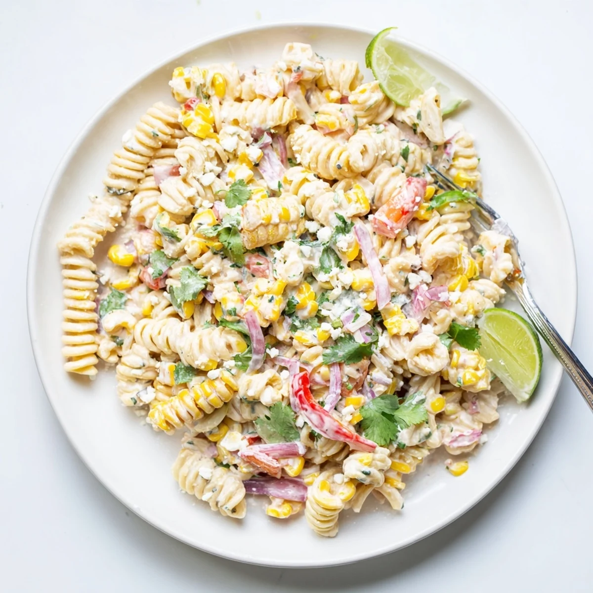 Juicy Street Corn Pasta Salad served chilled with charred corn, cotija, and fresh lime wedges.