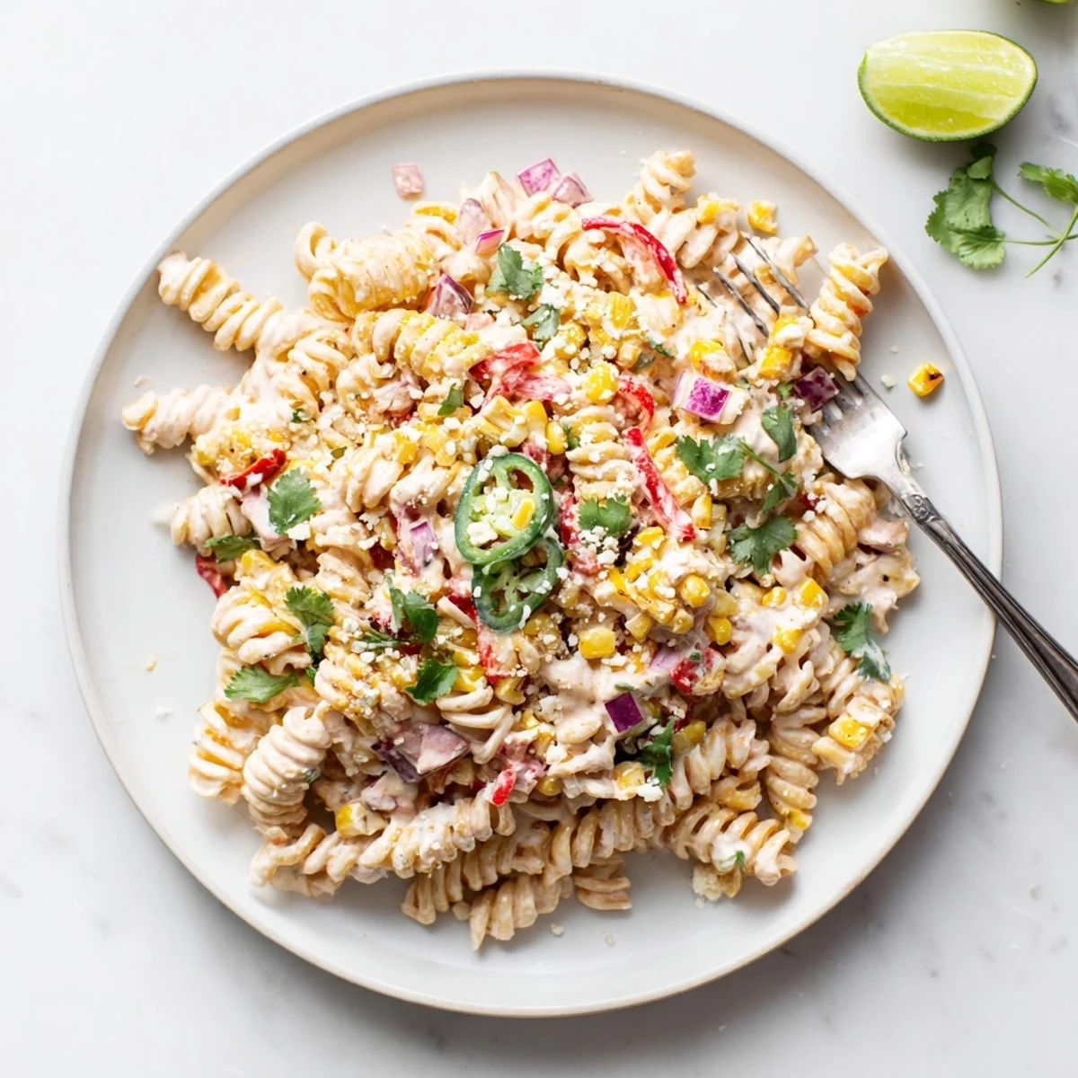 A close view of Juicy Street Corn Pasta Salad with creamy dressing and vibrant peppers.