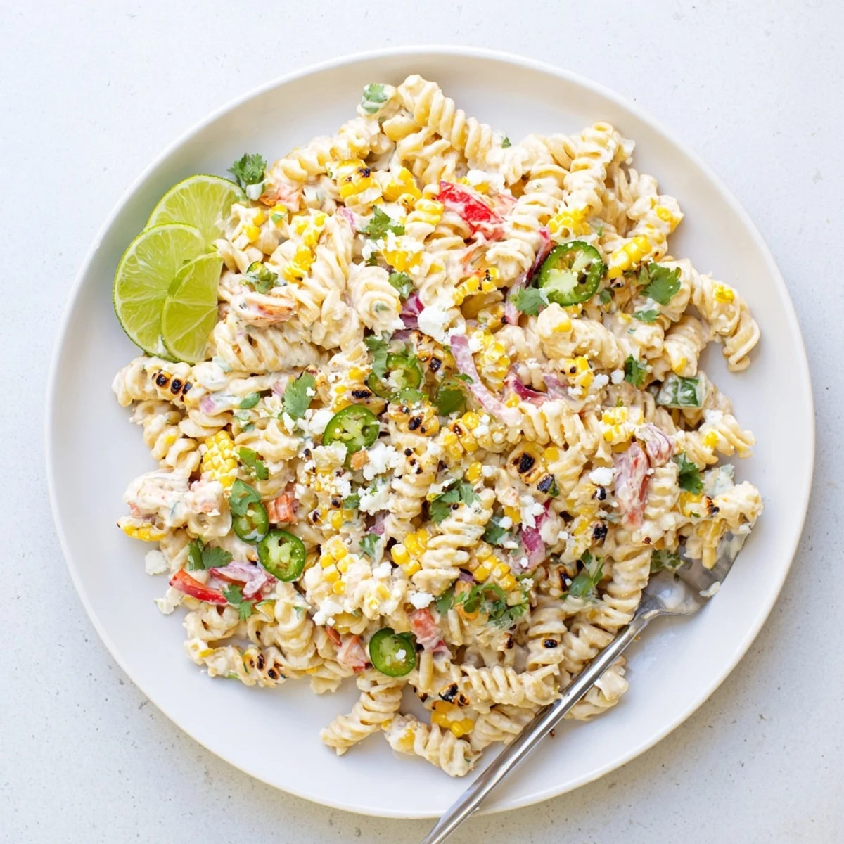 Tossed Juicy Street Corn Pasta Salad topped with cilantro and chili powder for a festive side.