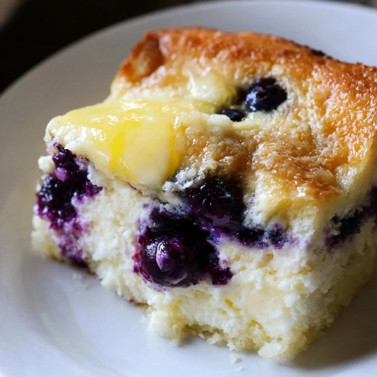 Warm Lemon Blueberry Cheesecake Dump Cake served from a baking dish with a serving scoop and vanilla ice cream.