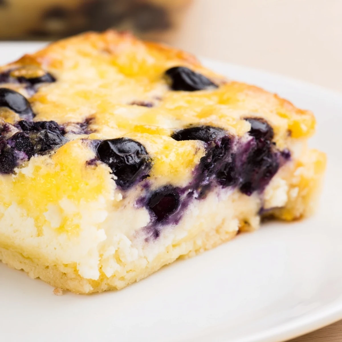 A slice of Lemon Blueberry Cheesecake Dump Cake on a plate topped with fresh berries and whipped cream.
