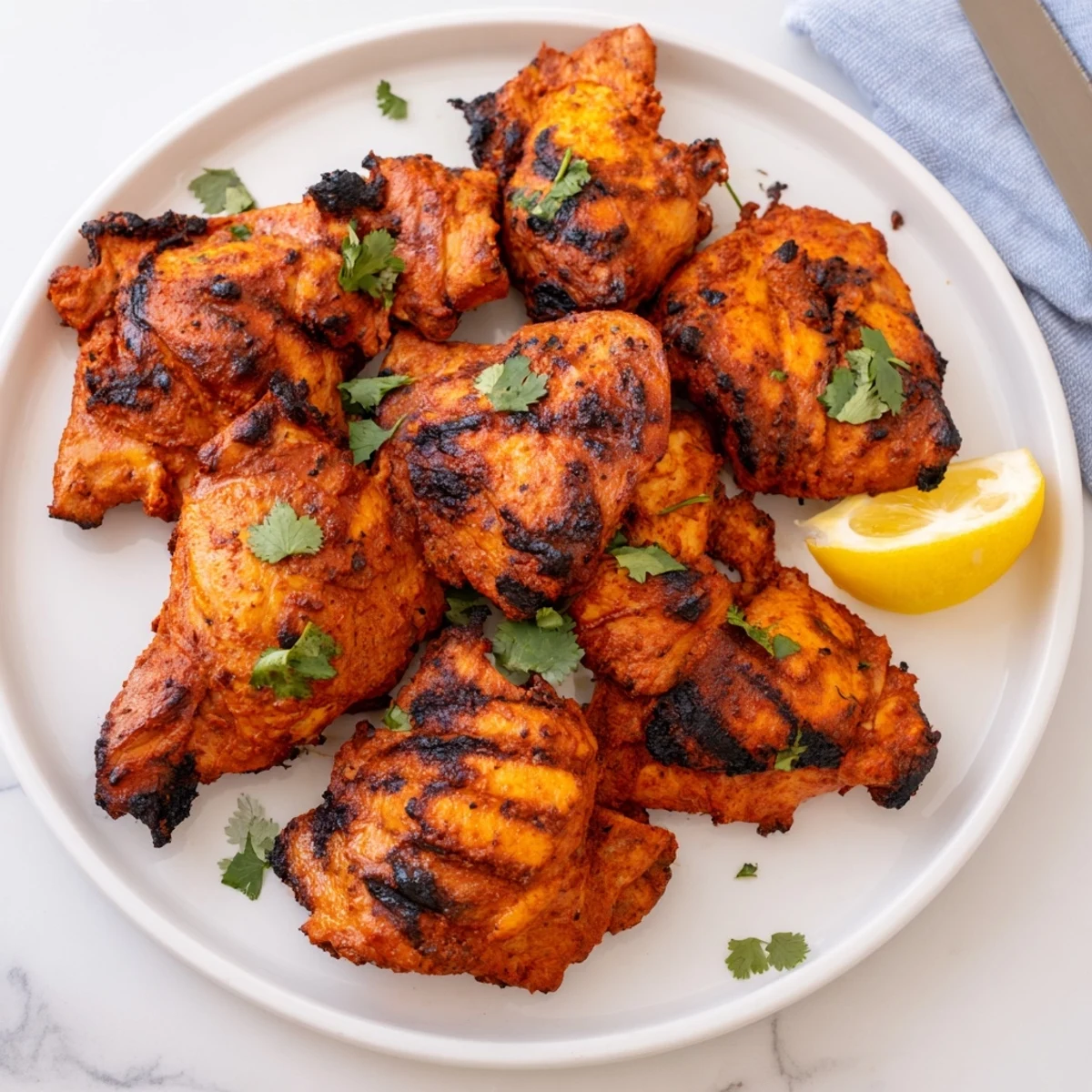 Succulent tandoori chicken thighs grilled to smoky perfection with vibrant red yogurt spice coating