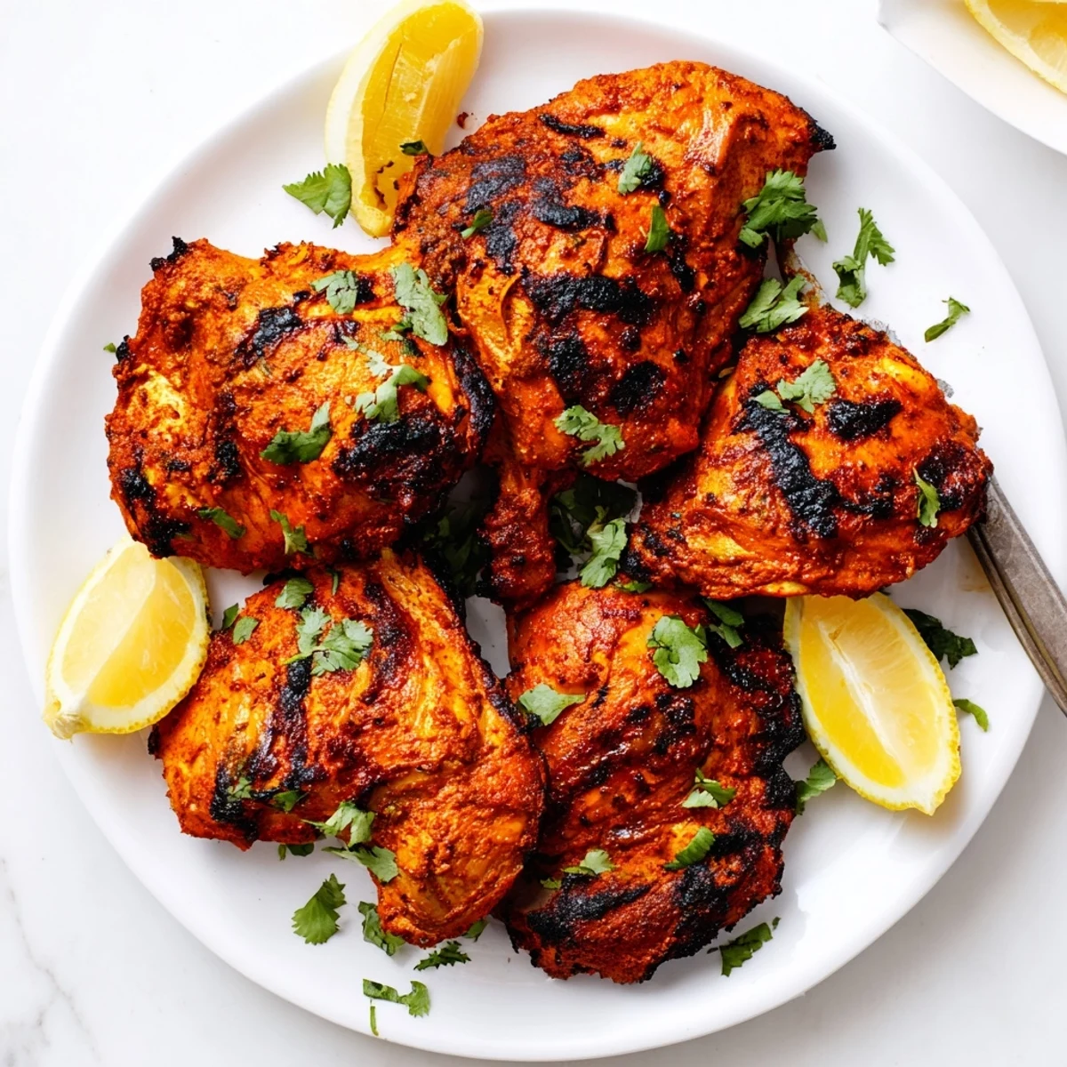 Golden grilled tandoori chicken with charred edges and fresh cilantro garnish on white plate