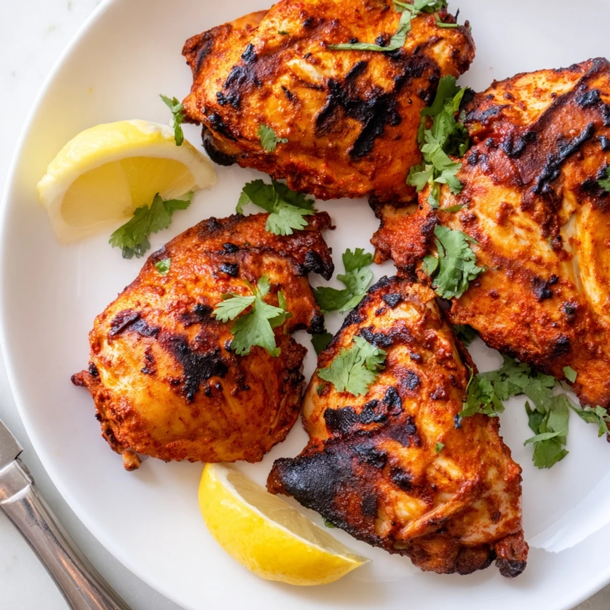 Indian style tandoori chicken served with lemon wedges and freshly chopped green cilantro