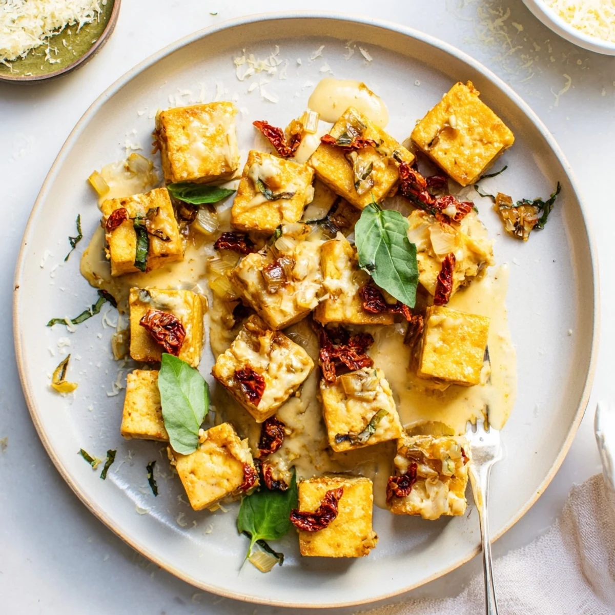 Golden crispy tofu cubes swimming in rich sun-dried tomato garlic cream sauce with fresh basil garnish
