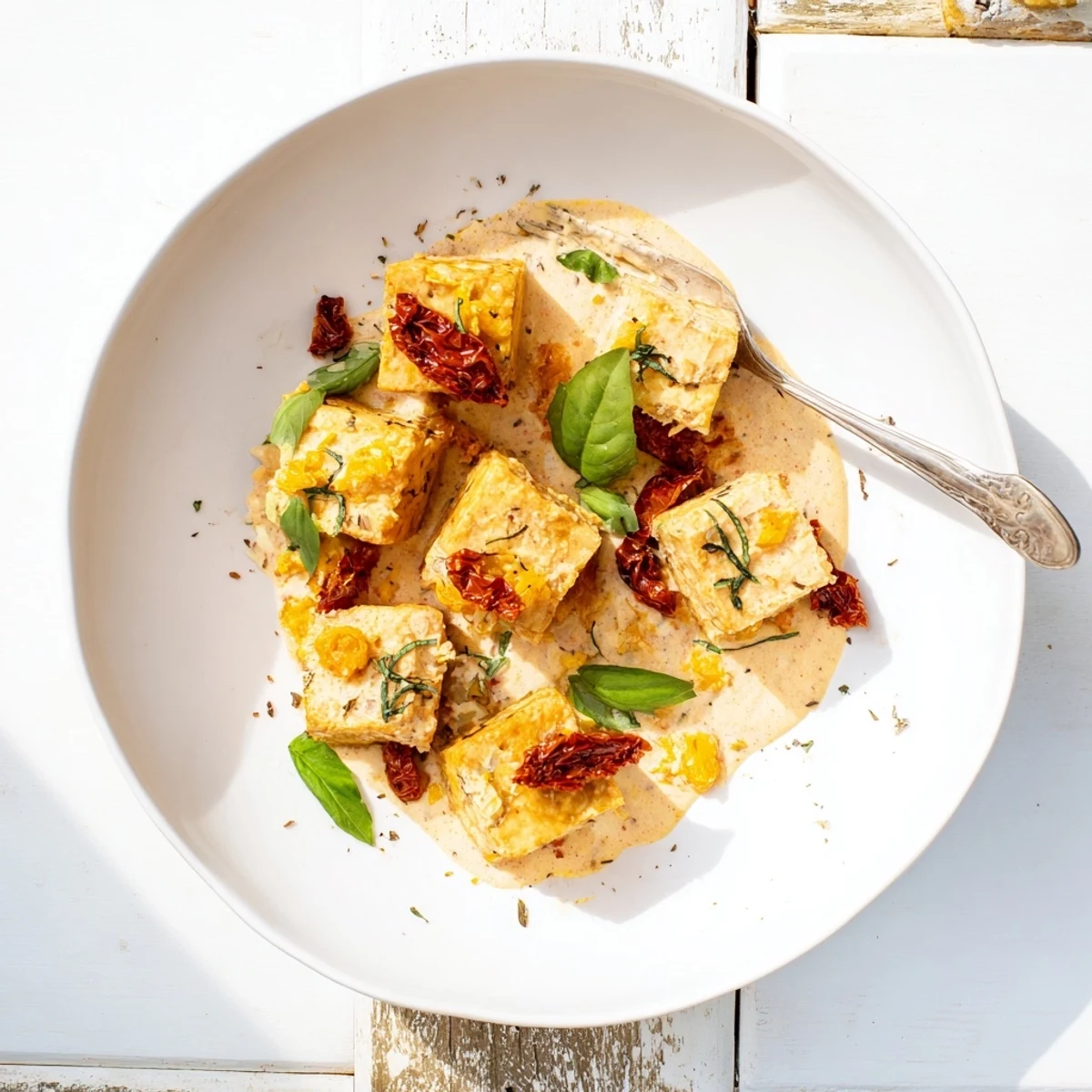 Crispy Marry Me Tofu plated with velvety tomato cream sauce and sprinkled grated parmesan over top