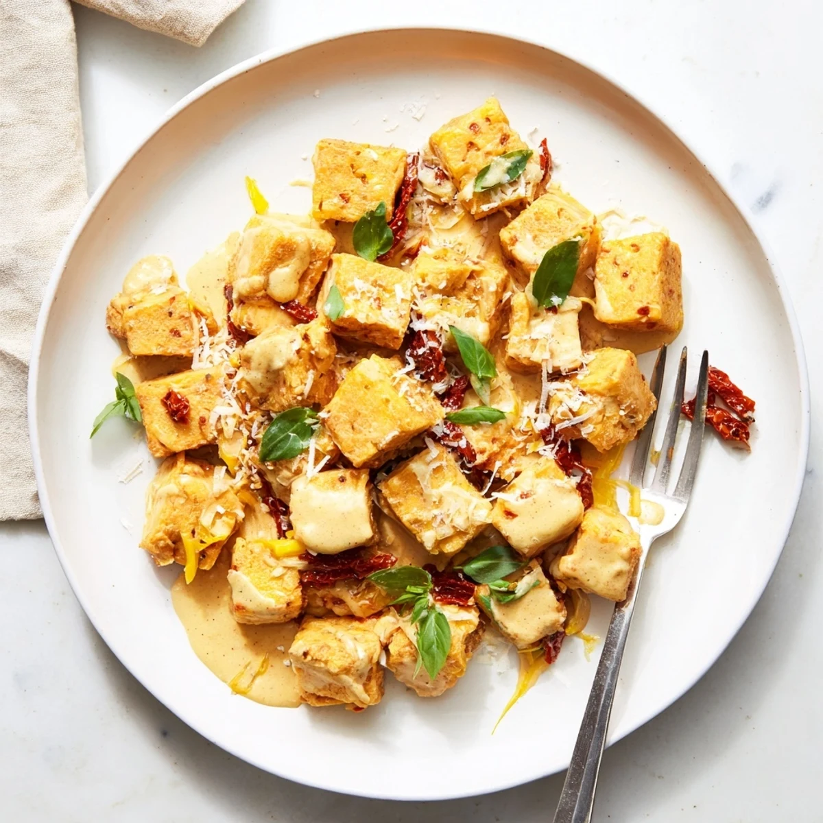 Creamy garlic sun-dried tomato sauce coats pan-fried tofu pieces garnished with fresh chopped basil leaves