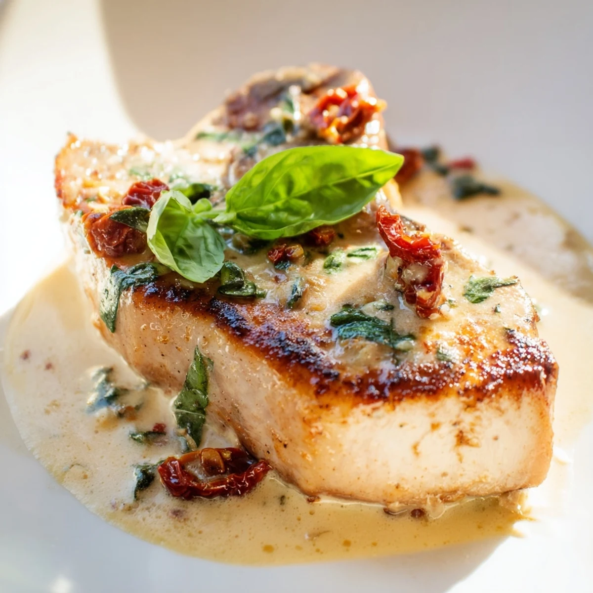 Tender Marry Me Pork Chops swimming in white sauce with red tomatoes and fresh basil garnish