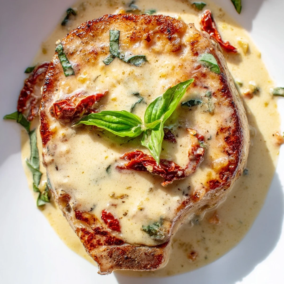 Succulent Marry Me Pork Chops plated in velvety garlic cream sauce with chopped sun-dried tomatoes