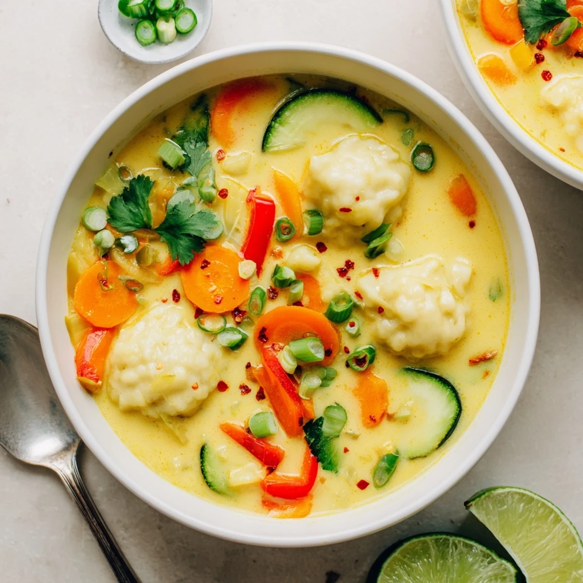 Creamy coconut curry soup with fluffy dumplings floating in golden yellow broth