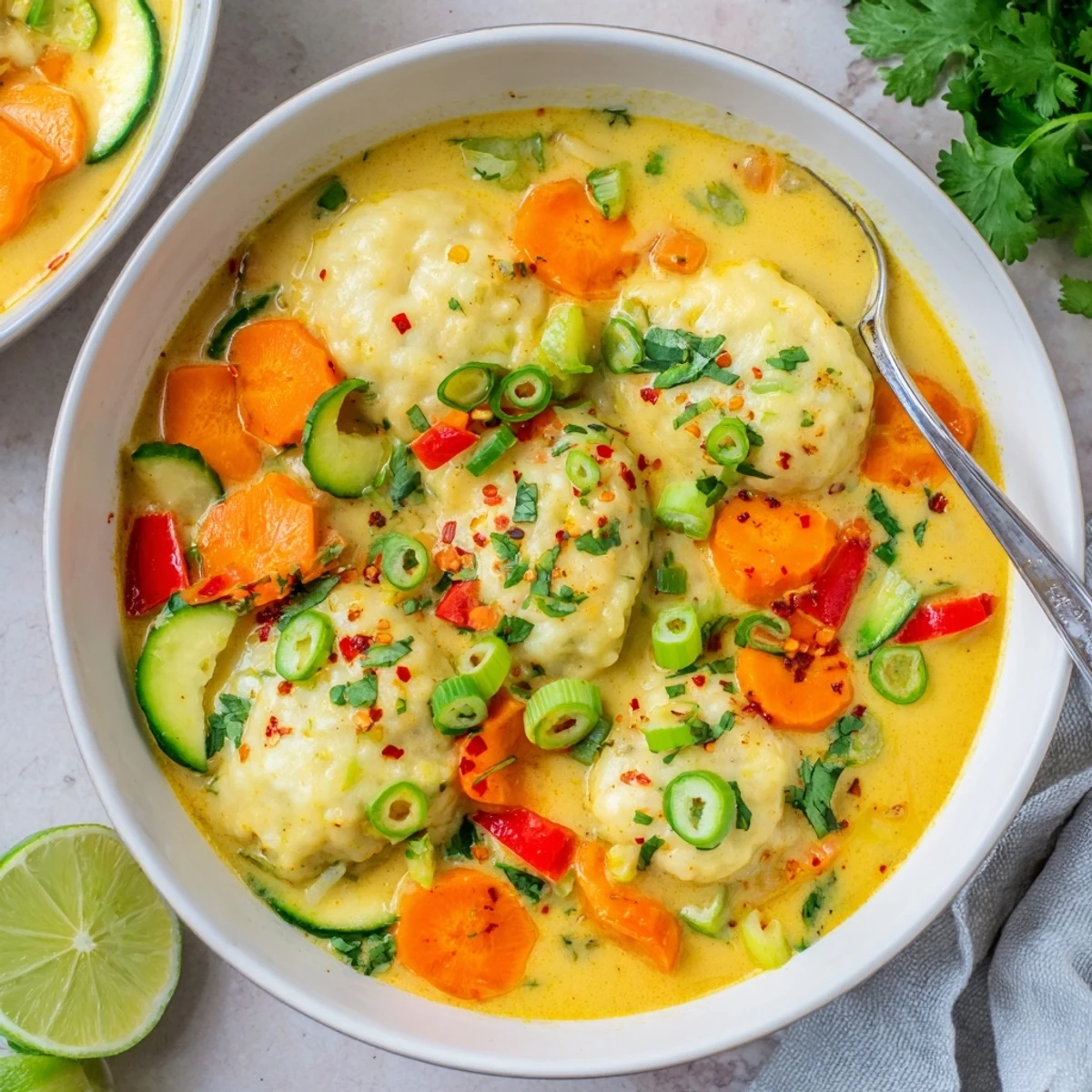 Steaming bowl of simple coconut curry soup featuring tender dumplings and colorful vegetables